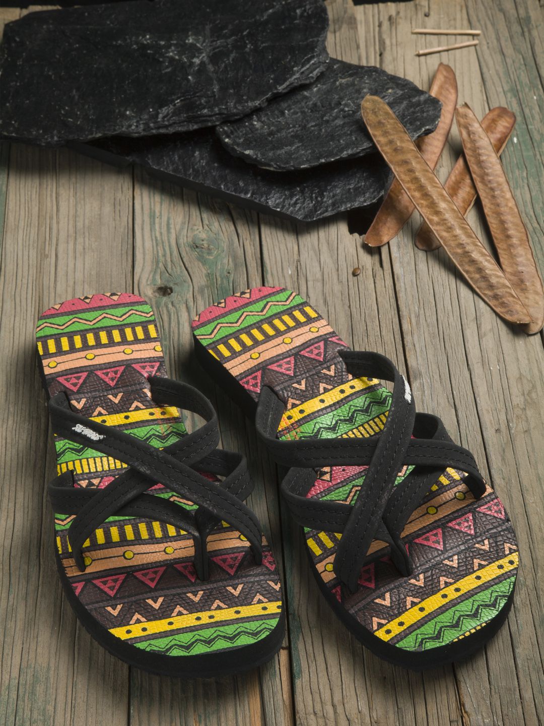 Solethreads Women Black Printed Flip Flops Price in India