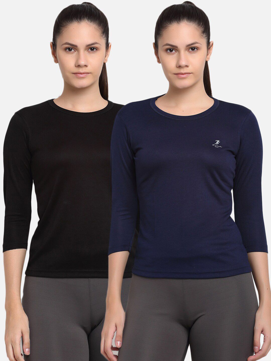 ARMISTO Women Navy Pack Of 2 Blue & Black Dri-FIT Slim Fit Training or Gym T-shirts Price in India
