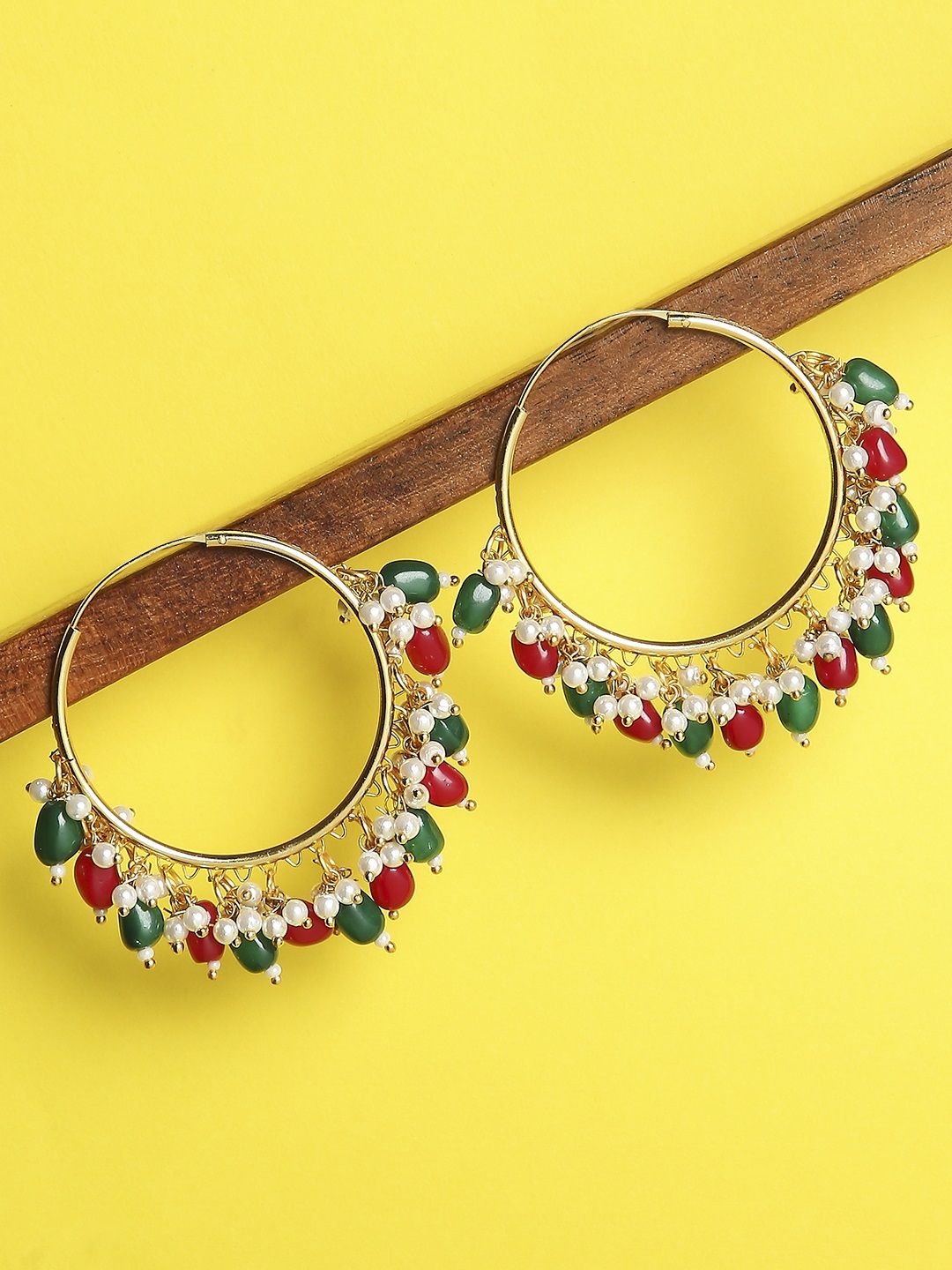 OOMPH Red & Gold-Toned Circular Beads & Pearls Hoop Earrings Price in India