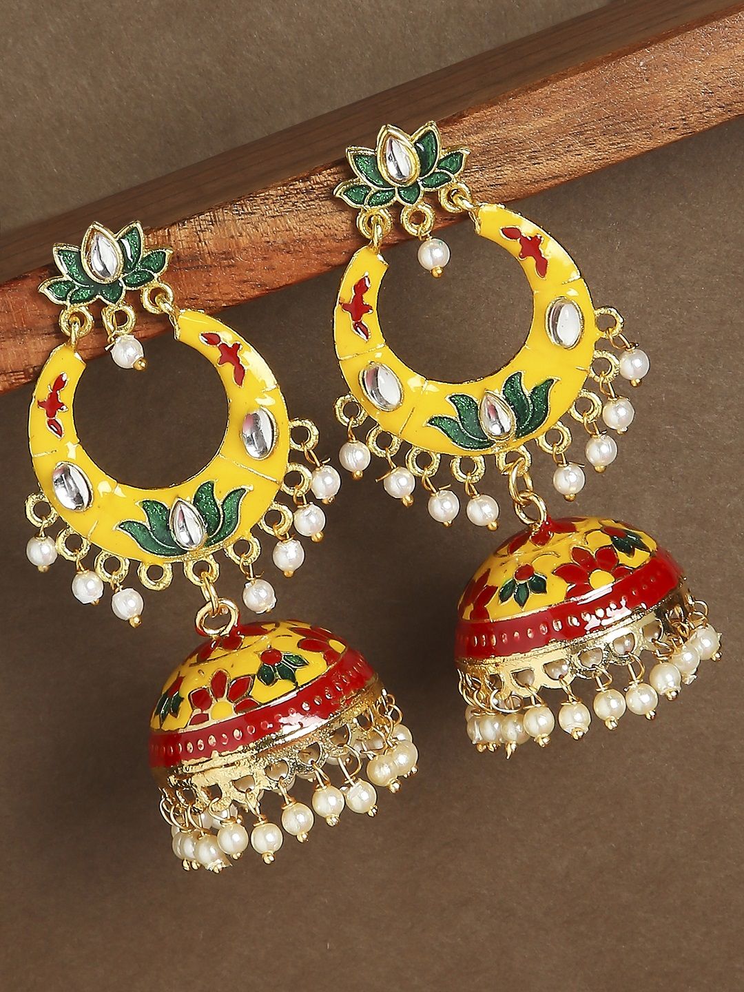 OOMPH Yellow Meenakari Chandbalis Earrings Price in India