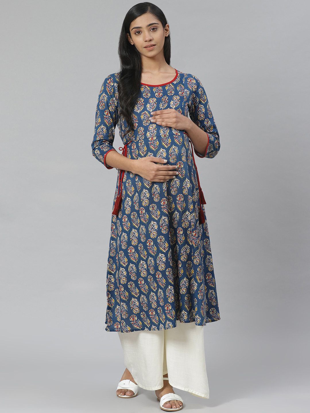 anayna Women Blue Cotton Ethnic Motifs Printed Block Print Maternity Kurta Price in India