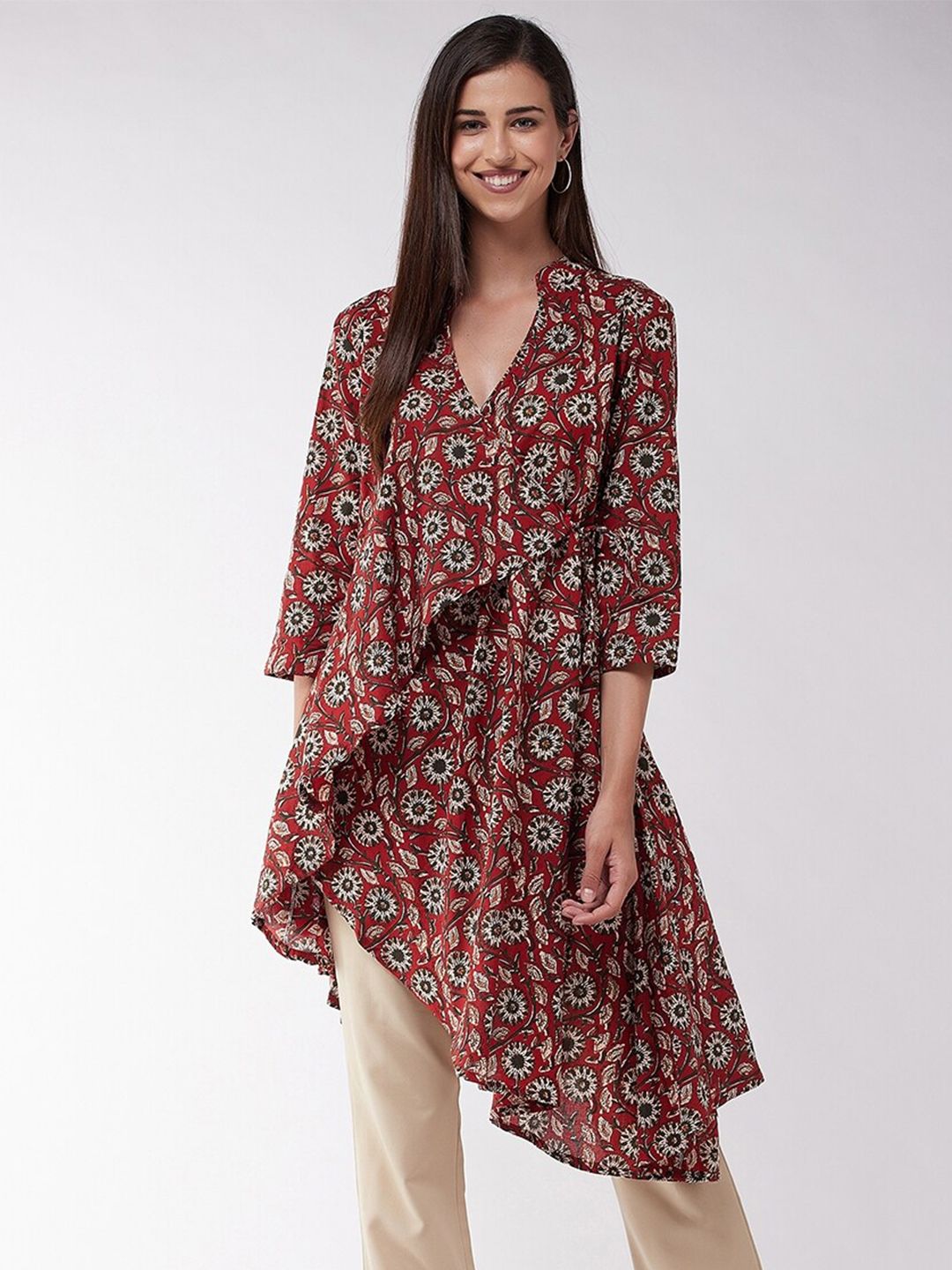 InWeave Maroon & Grey Floral Printed Cotton Asymmetric Tunic Price in India