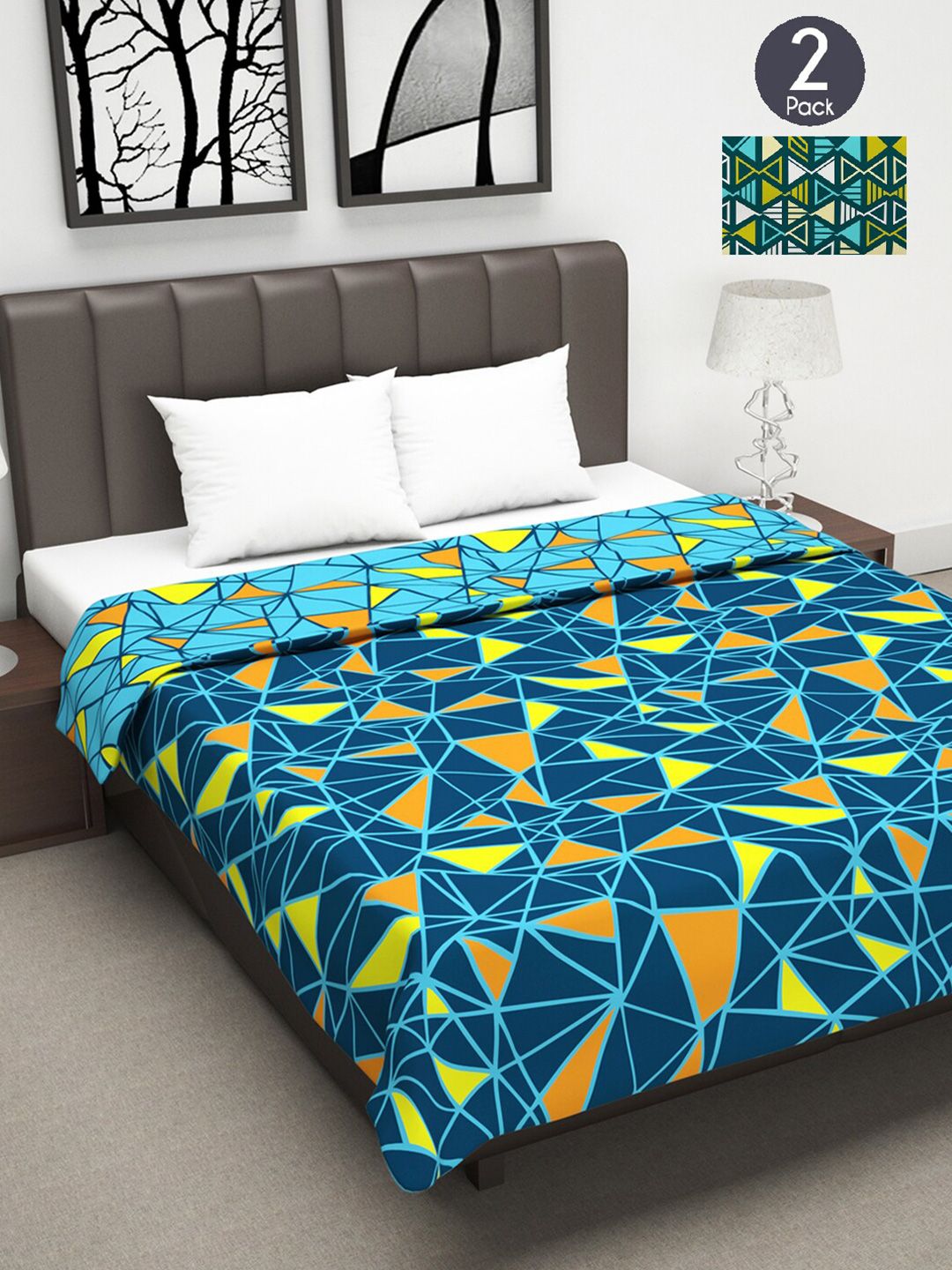 Divine Casa Blue & Green Set of 2 Geometric Mild Winter 120 GSM Double Bed Dohars Price in India