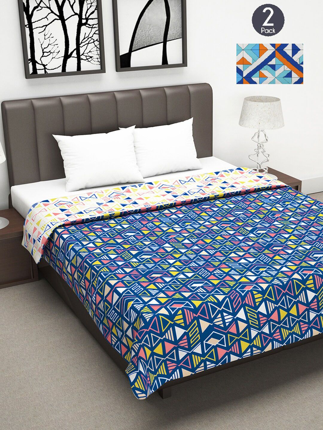 Divine Casa Blue & Orange Set of 2 Geometric Mild Winter 120 GSM Double Bed Dohars Price in India