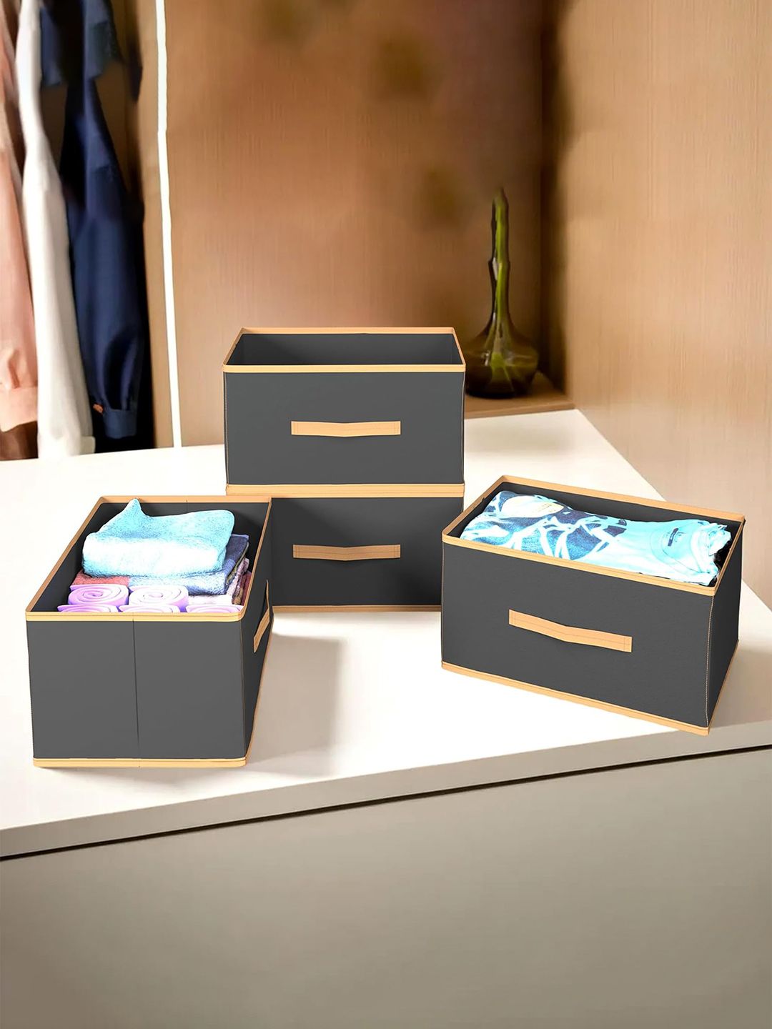 Kuber Industries Set Of 4 Black & Beige Solid Rectangular Foldable Storage Organizers