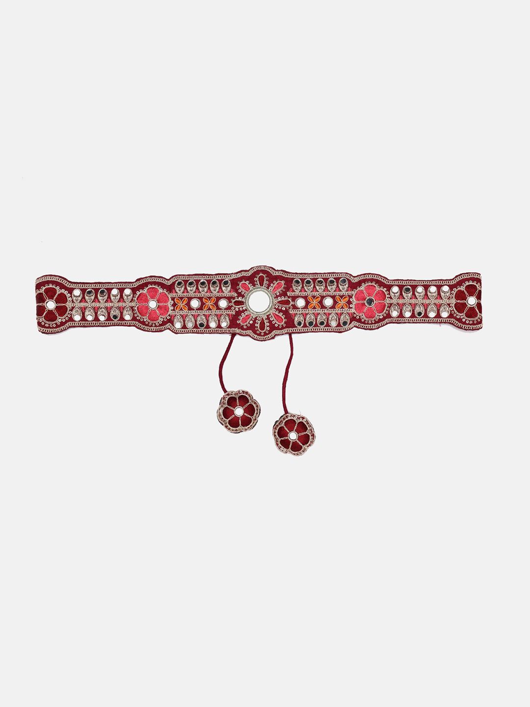 panchhi Women Maroon Mirror Work Hand Made Ethnic Waist Belt and Kamarbandh With Tassels Price in India