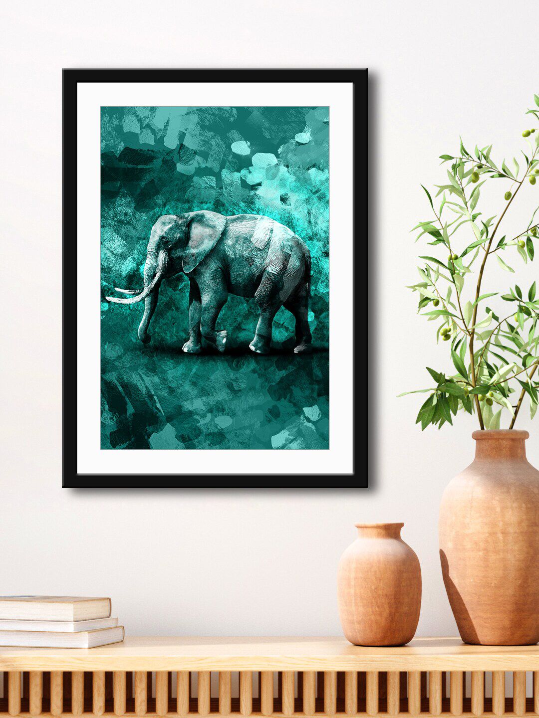 999Store Green & Black Abstract Elephant Painting Printed Framed Wall Art Price in India