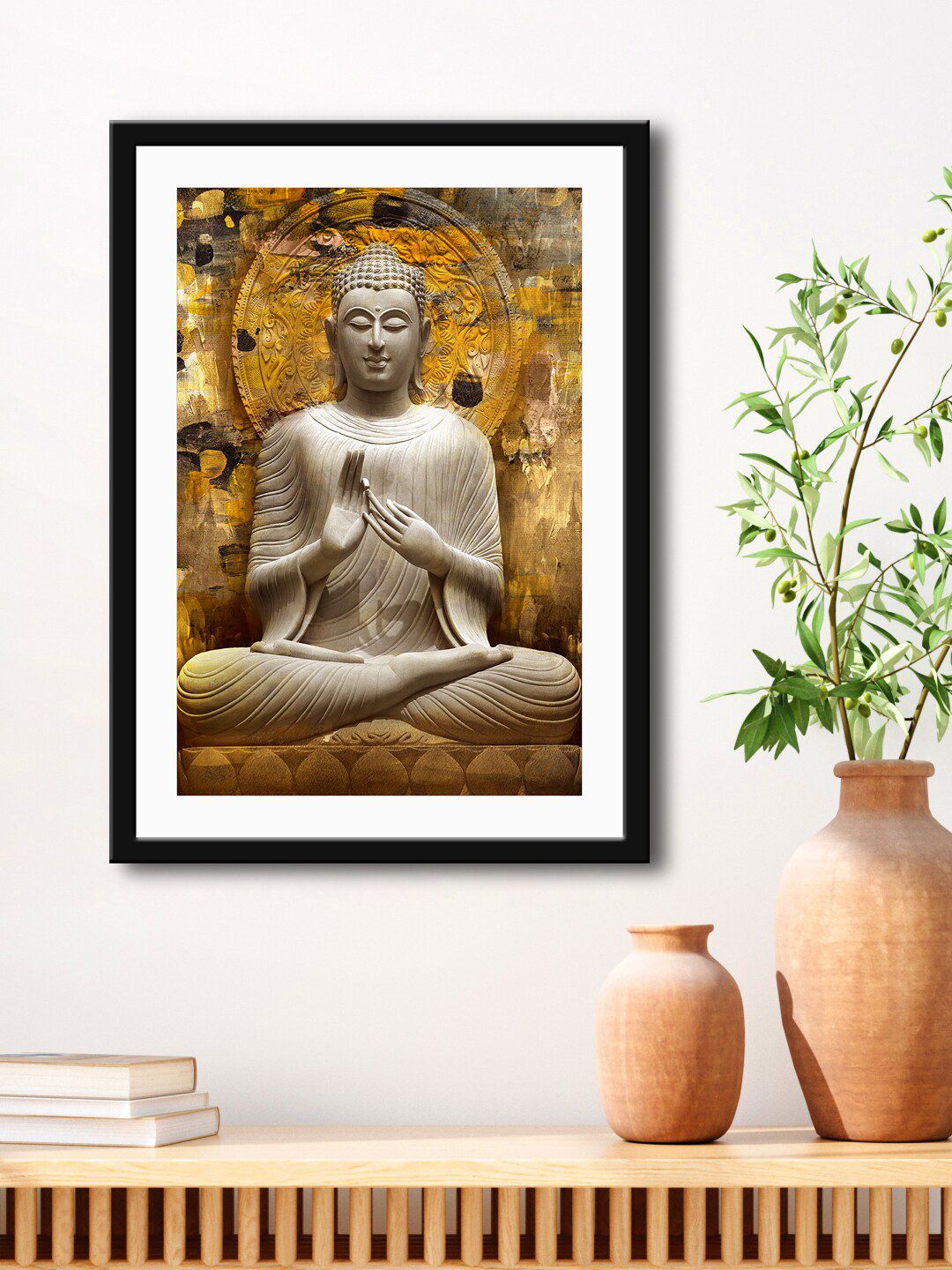 999Store Brown & Beige Lord Buddha Painting Printed Framed Wall Art Price in India