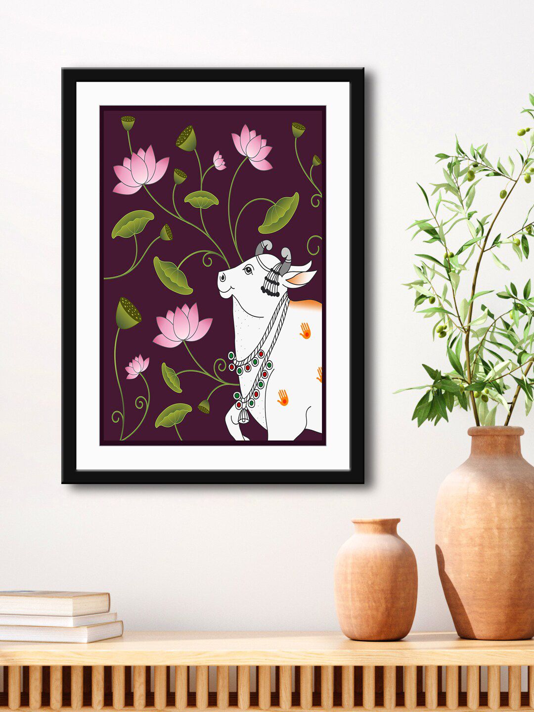 999Store Maroon & White Cow With Calf Painting Printed Framed Wall Art Price in India