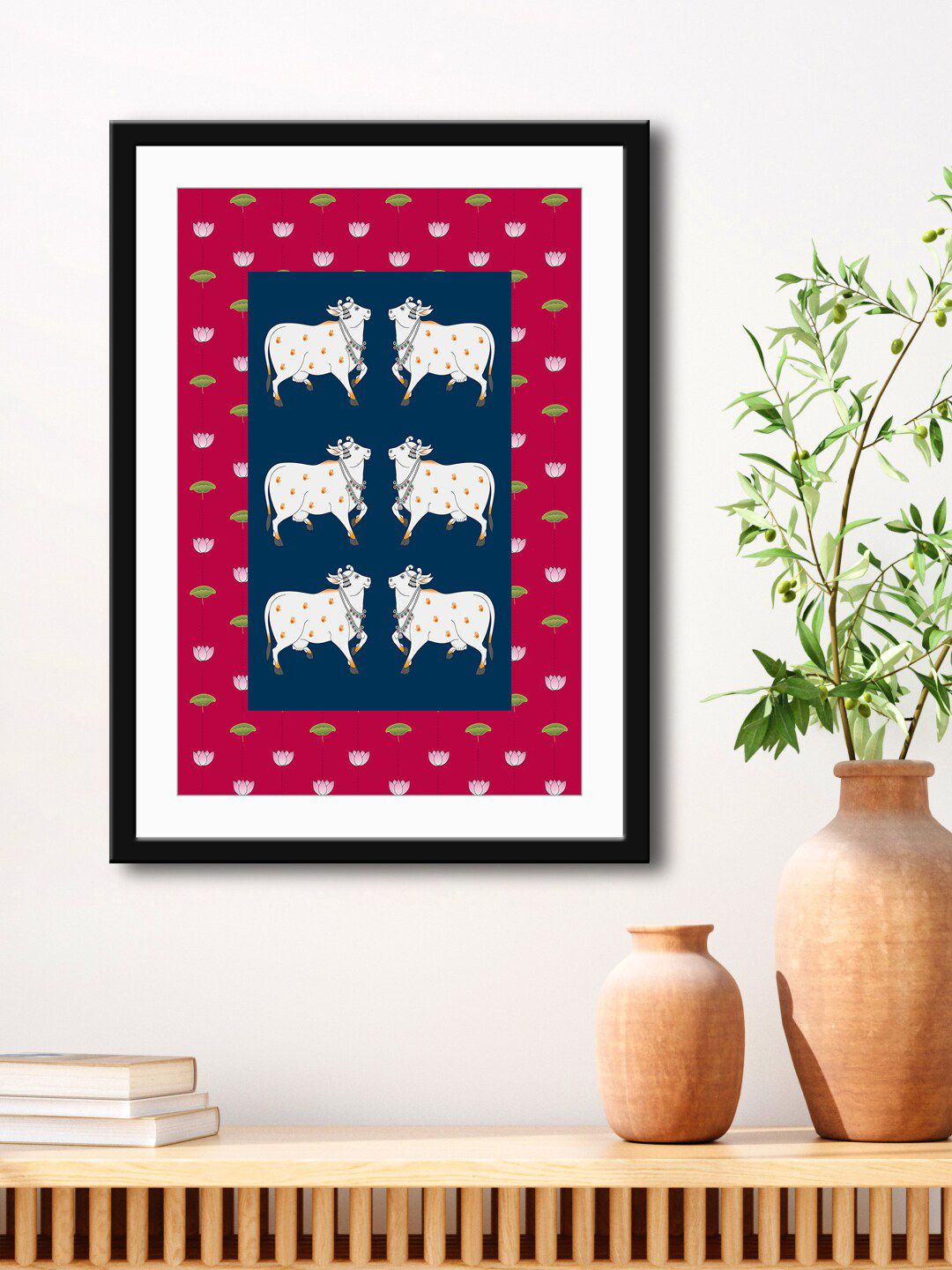 999Store Red & Blue Nandi Cow Stylish Modern Art Painting Printed Framed Wall Art Price in India