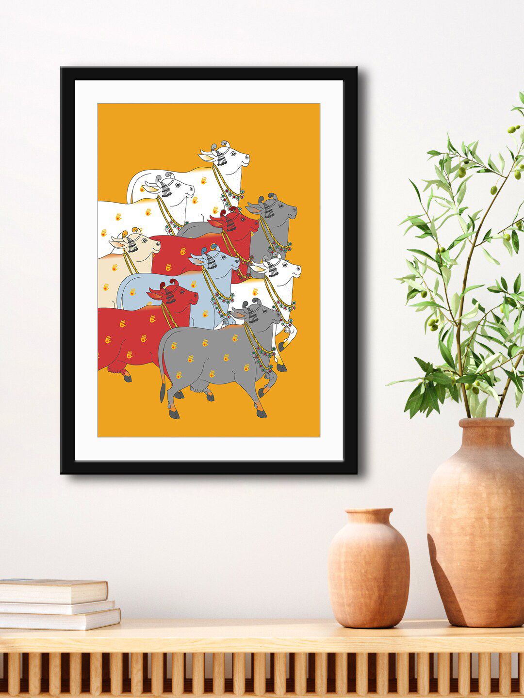 999Store Yellow & White Nandi Cow Framed Printed Paper Painting Price in India