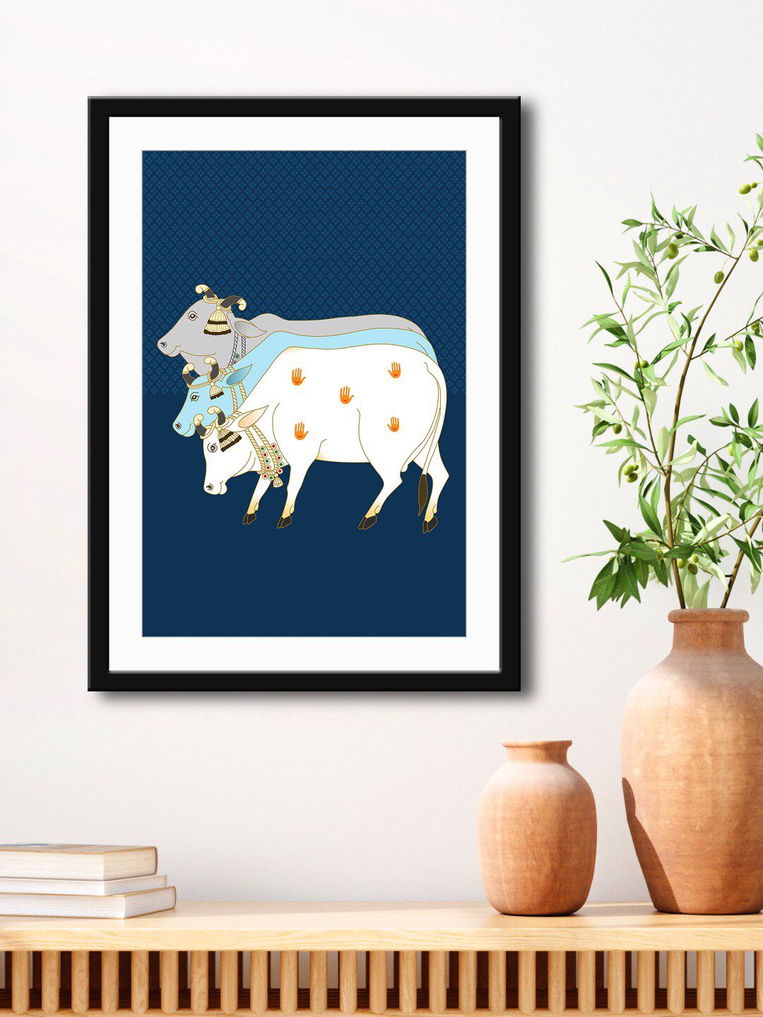 999Store Blue & White Nandi Cow Stylish Modern Art Painting Printed Framed Wall Art Price in India