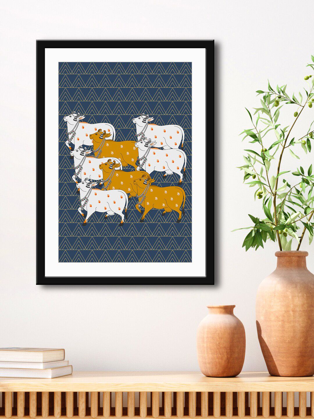 999Store Blue & White Nandi Cow Stylish Modern Art Painting Printed Framed Wall Art Price in India