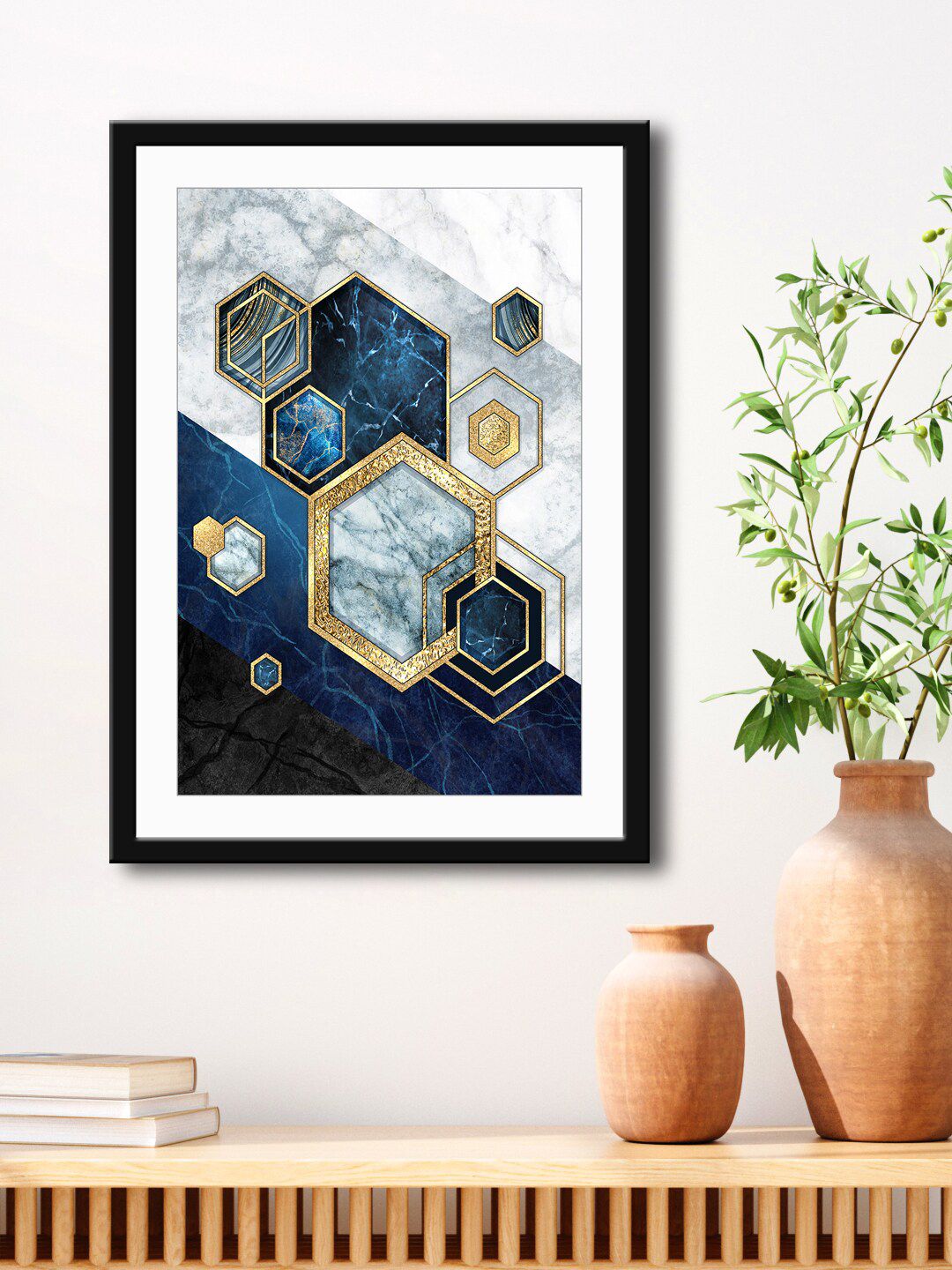 999Store Blue & White Abstract Geometric Painting Printed Framed Wall Art Price in India