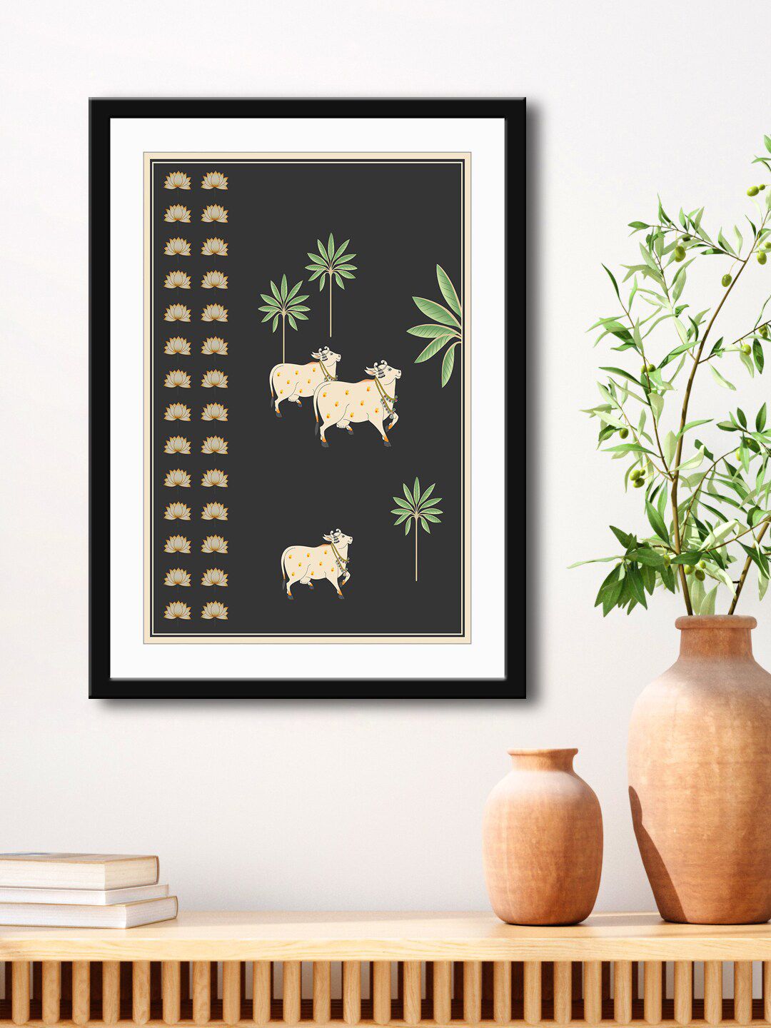 999Store Black & Green Cow And Tree Painting Printed Framed Wall Art Price in India