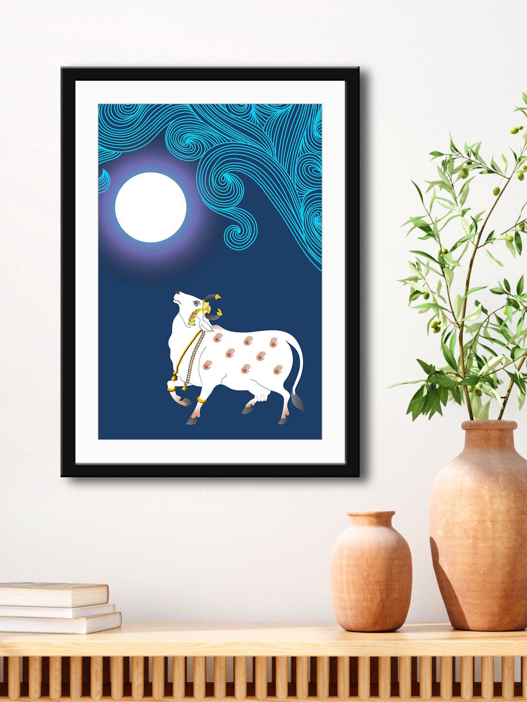 999Store Blue & White Cow & Moon Framed Printed Paper Painting Price in India