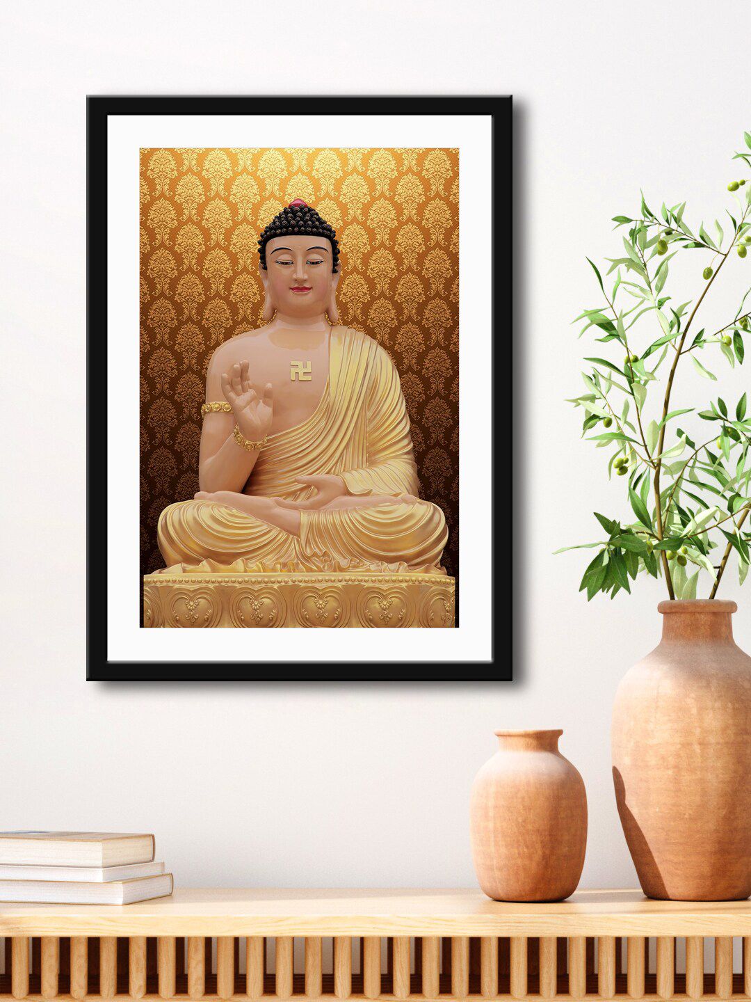 999Store Gold-Toned & Beige Lord Buddha Painting Printed Framed Wall Art Price in India