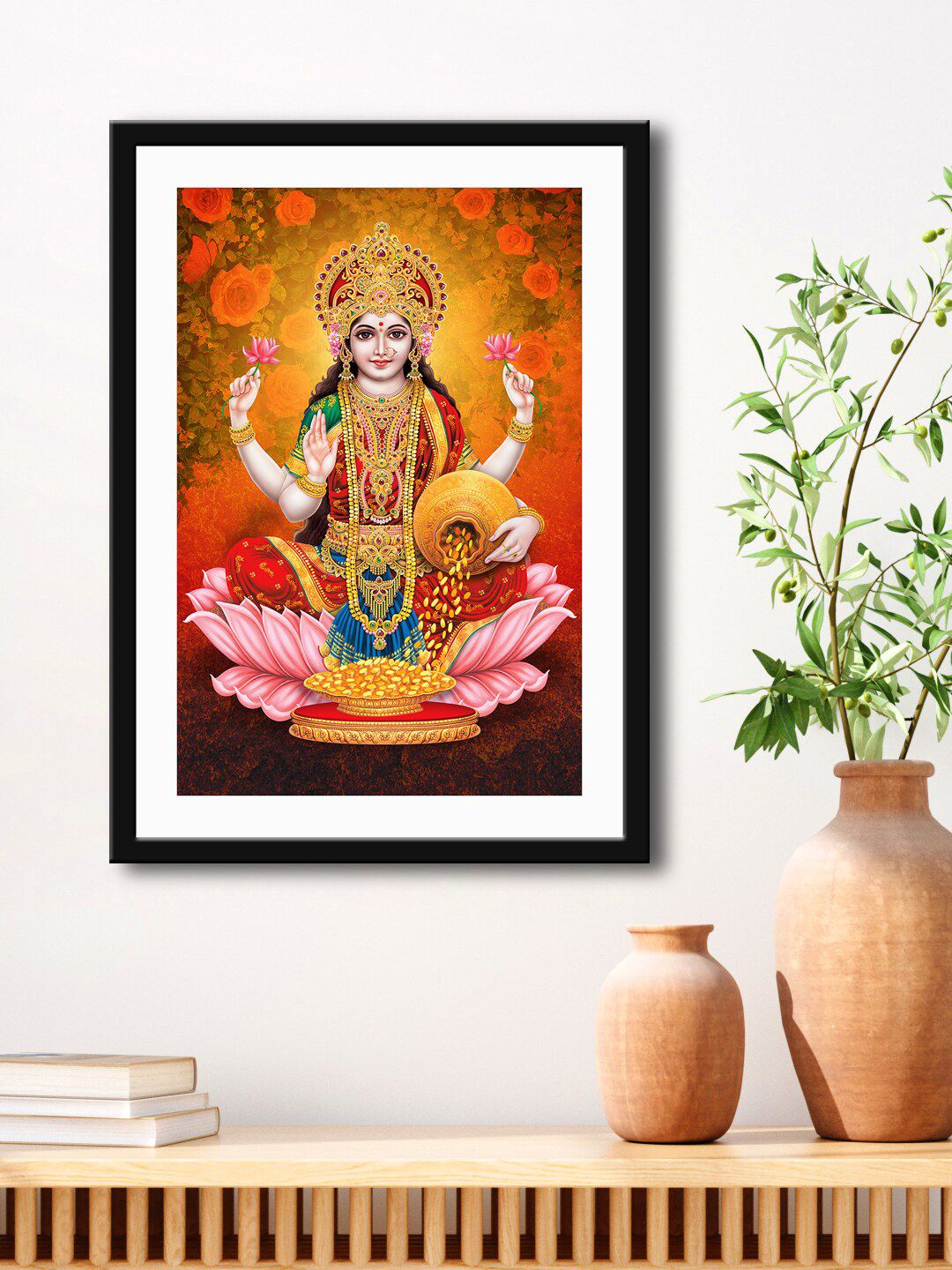 999Store Orange & Pink Laxmi Mata HD Printed Framed Wall Art Price in India