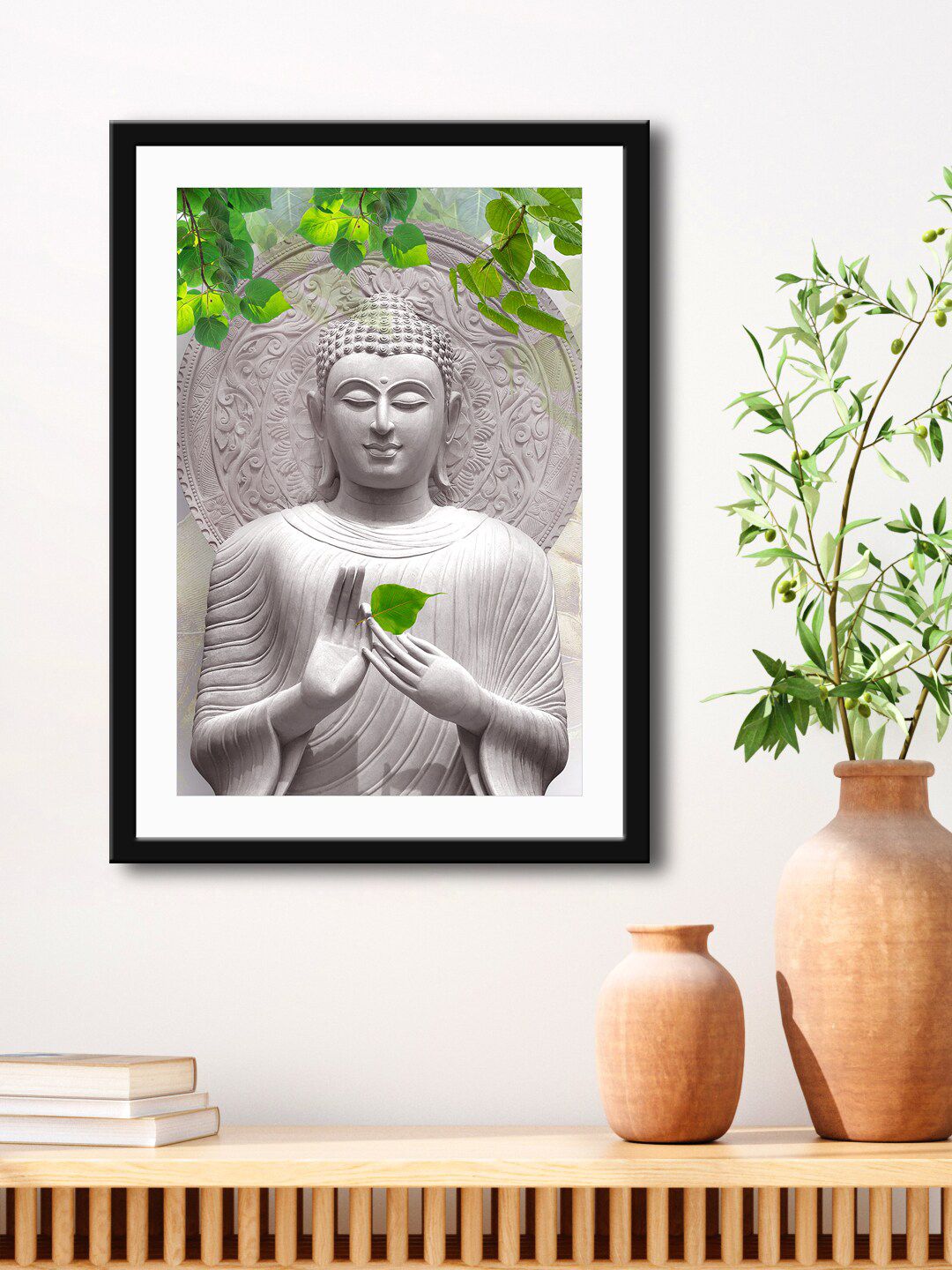 999Store White & Green Lord Buddha HD Printed Framed Wall Art Price in India