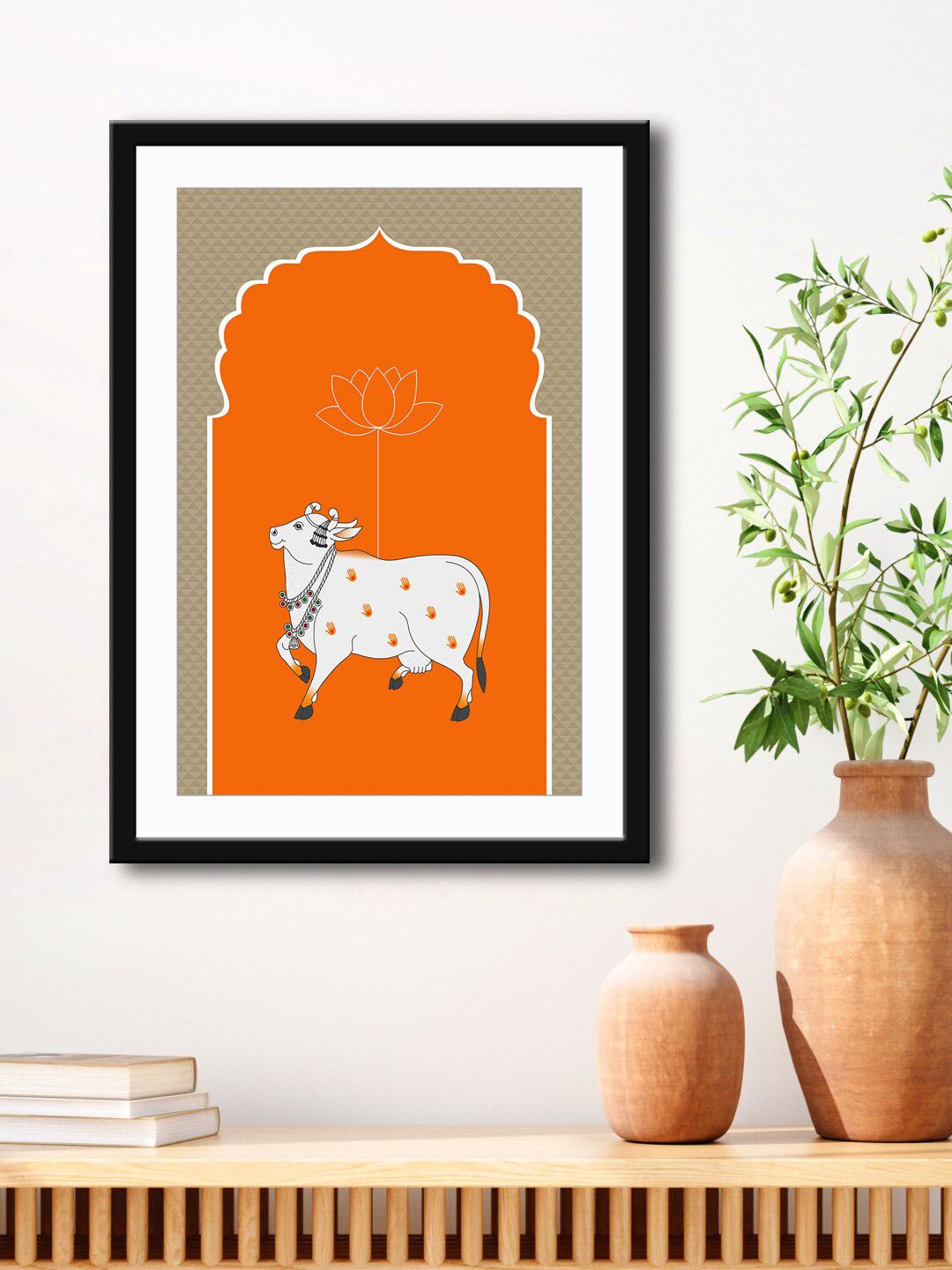 999Store Orange & Beige Nandi Cow HD Printed Framed Wall Art Price in India