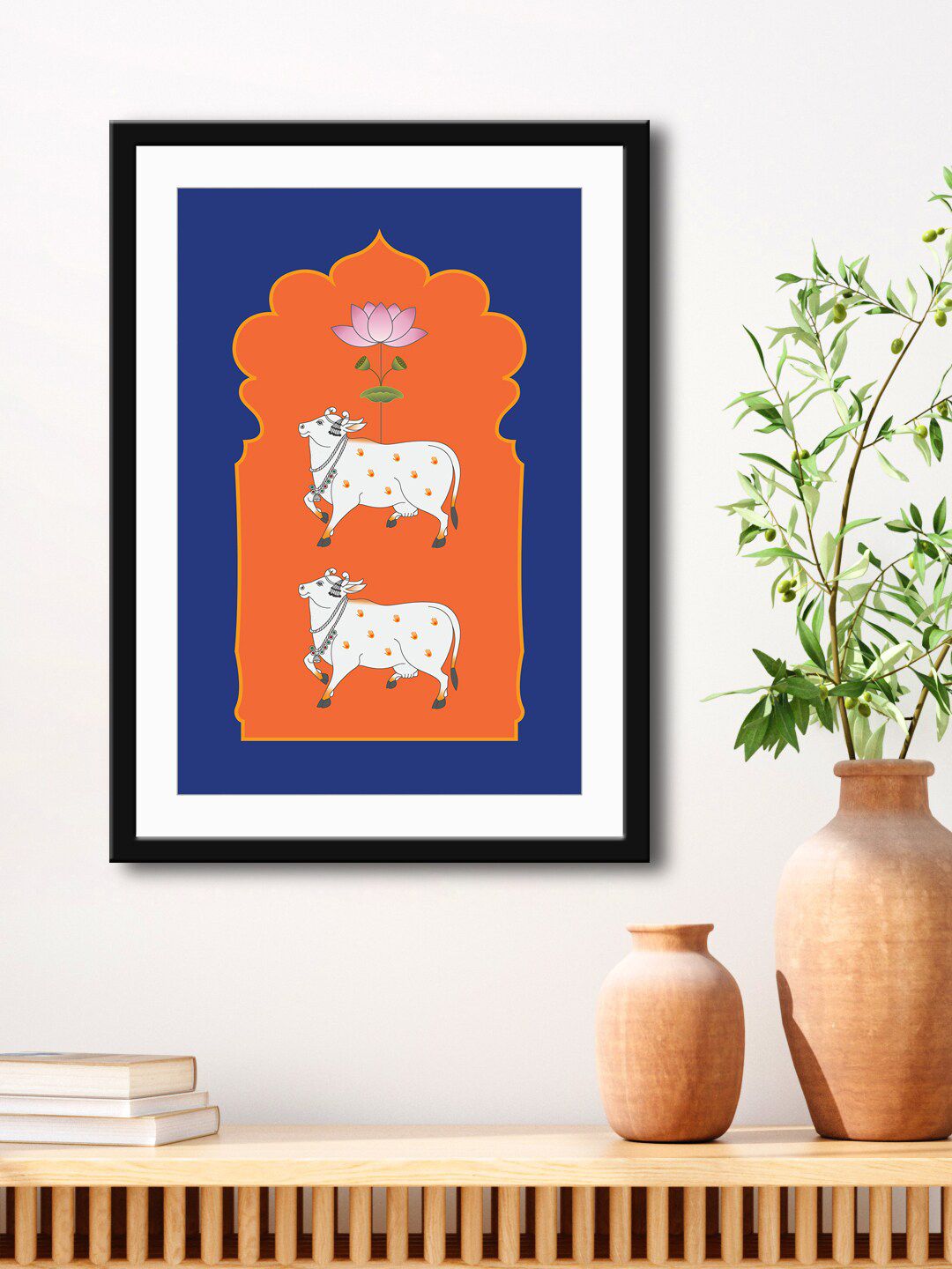 999Store Blue & Red Cow And Flower Painting Printed Framed Wall Art Price in India