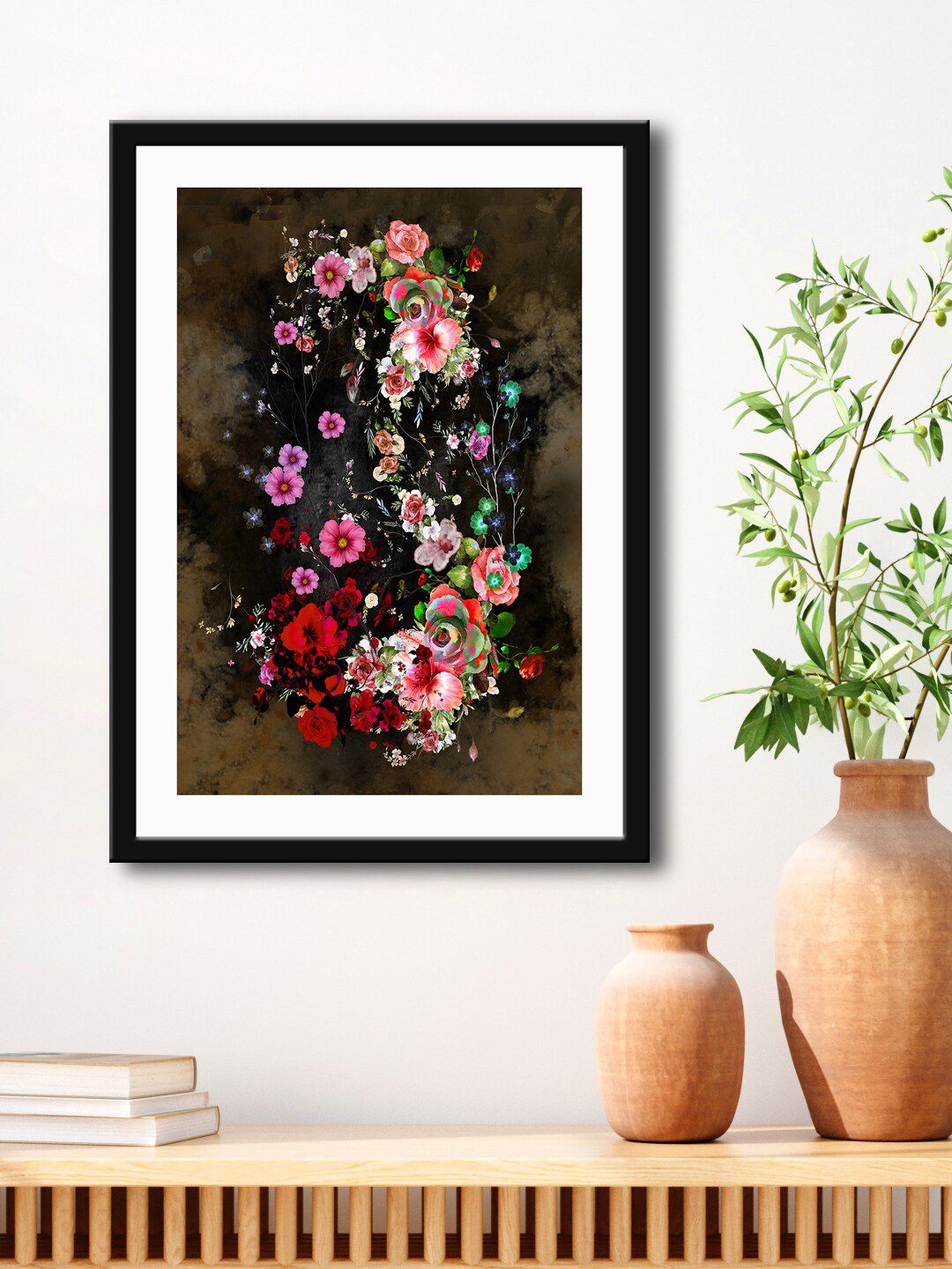 999Store Brown & Pink Flowers Wall HD Printed Framed Wall Art Price in India