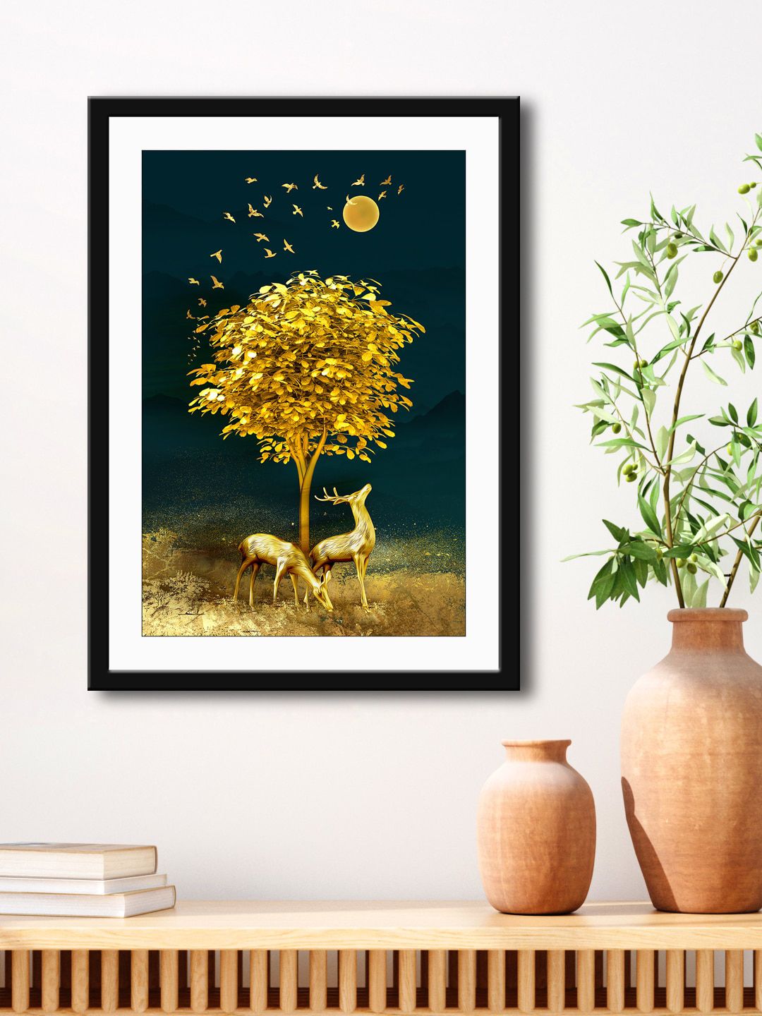 999Store Turquoise Blue & Gold-Toned Deer With Tree Printed Painting Wall Art Price in India