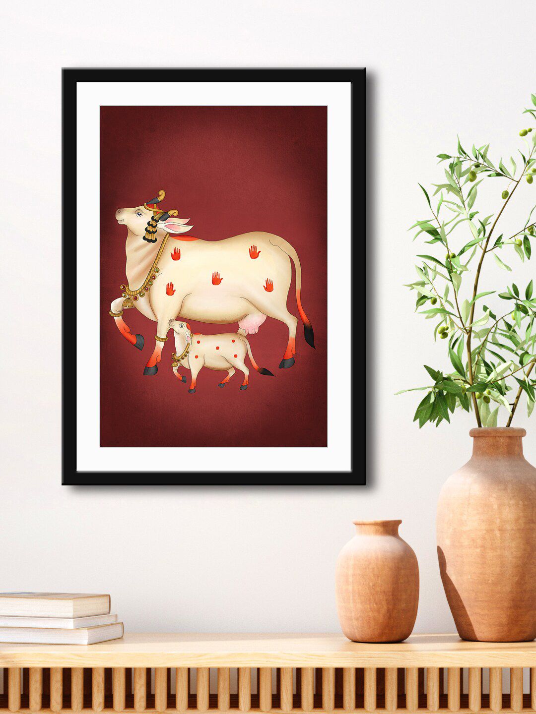 999Store Brown & Cream Nandi Cow With Calf Framed Printed Paper Painting Price in India