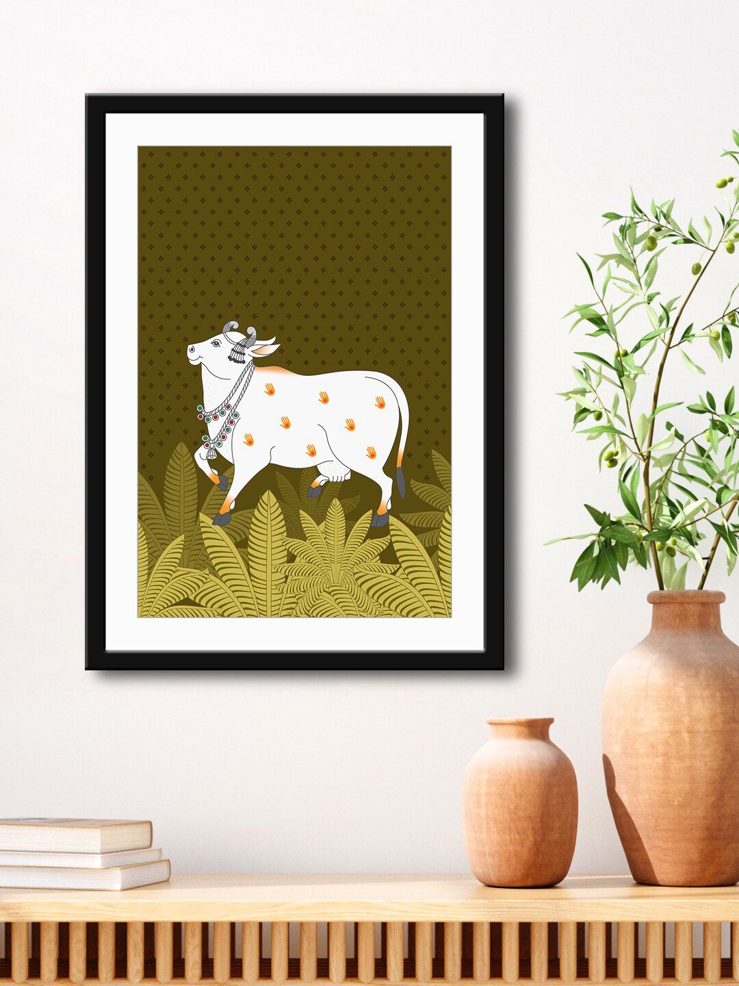 999Store Green & White Nandi Cow Modern Art Printed Paper Wall Painting Price in India