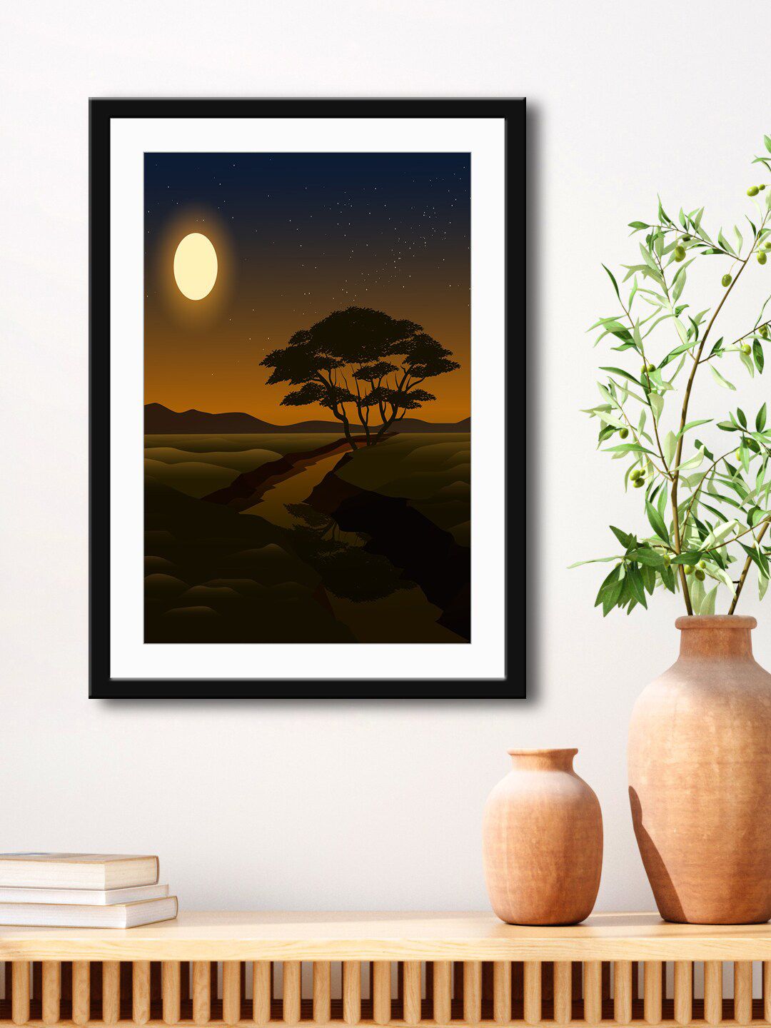 999Store Brown & Black Moon Light With Tree HD Printed Framed Wall Art Price in India