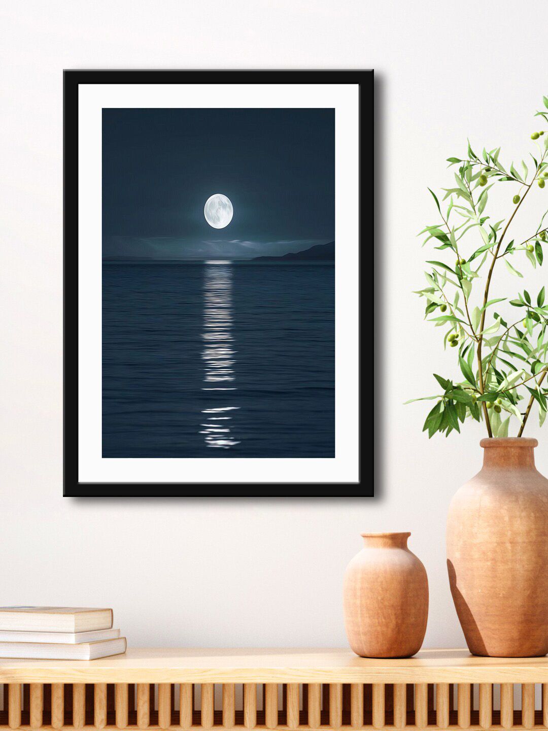 999Store Grey & White Moon Light With River View Printed Painting Wall Art Price in India