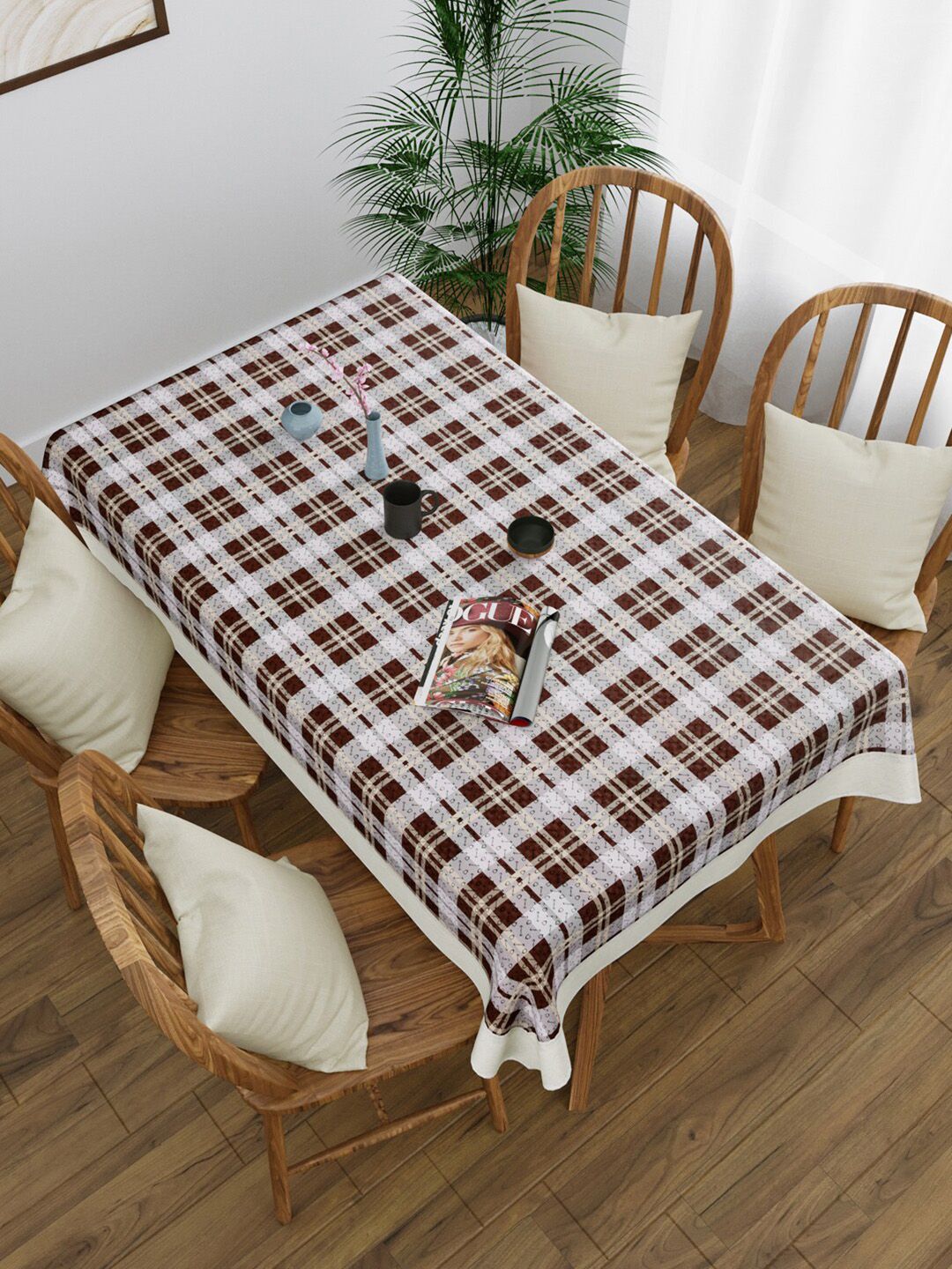 Clasiko Brown & White Checked 4-Seater PVC Table Cover Price in India
