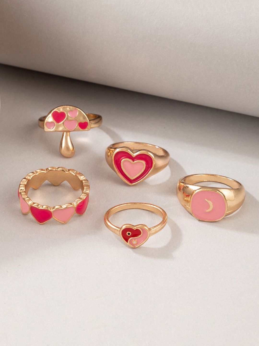 YouBella Set Of 5 Pink-Toned & Gold-Plated Enameled Finger Rings Price in India