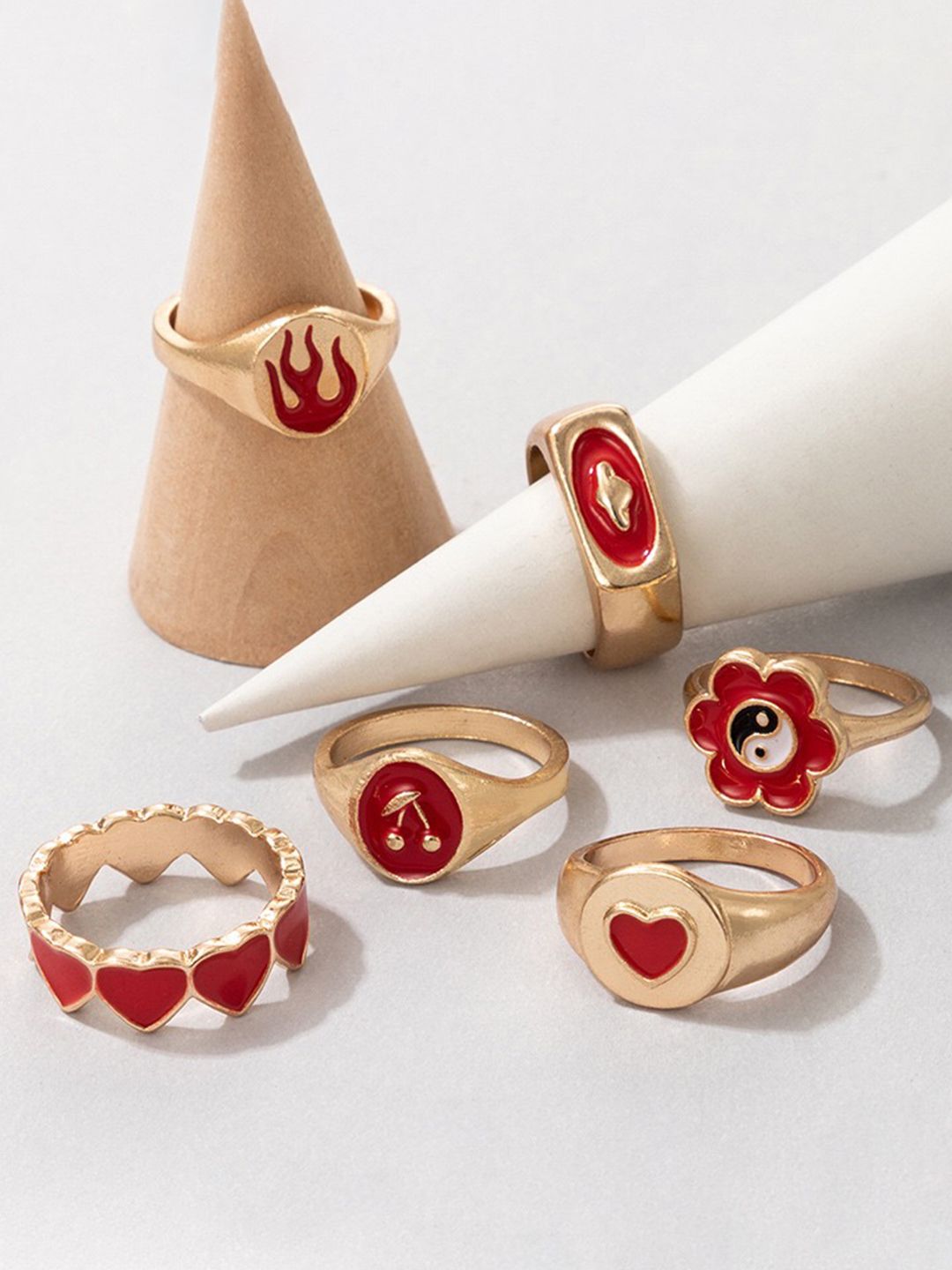 YouBella Set Of 6 Gold-Plated Red Enameled Finger Ring Price in India