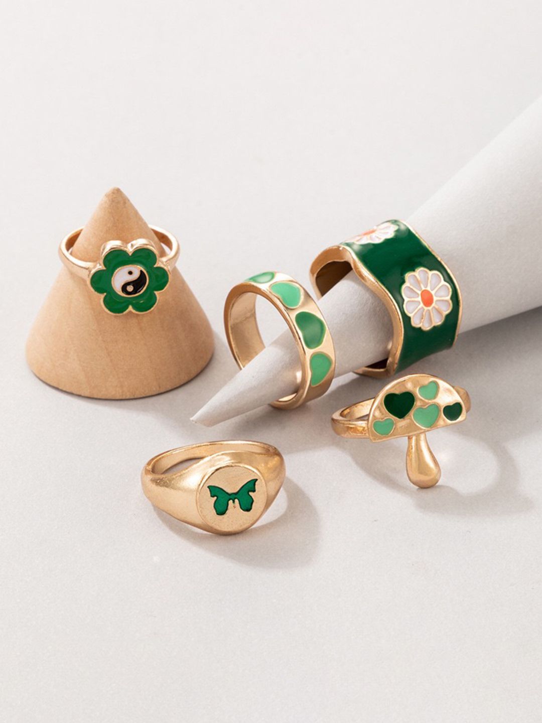 YouBella Set of 5 Gold-Plated Green Enamelled Rings Price in India