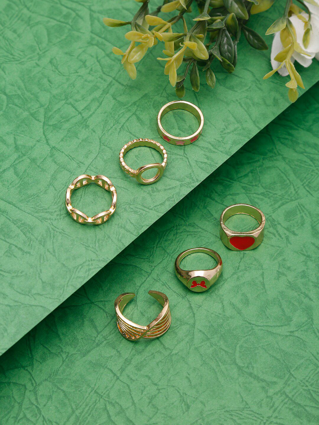 YouBella Set Of 6 Gold-Plated Red Enamelled Finger Rings Price in India