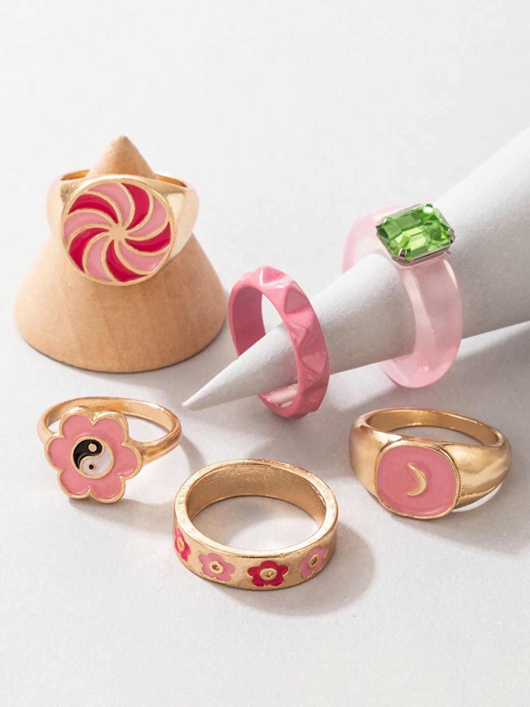 YouBella Set Of 6 Gold-Plated Pink Enameled Finger Ring Price in India
