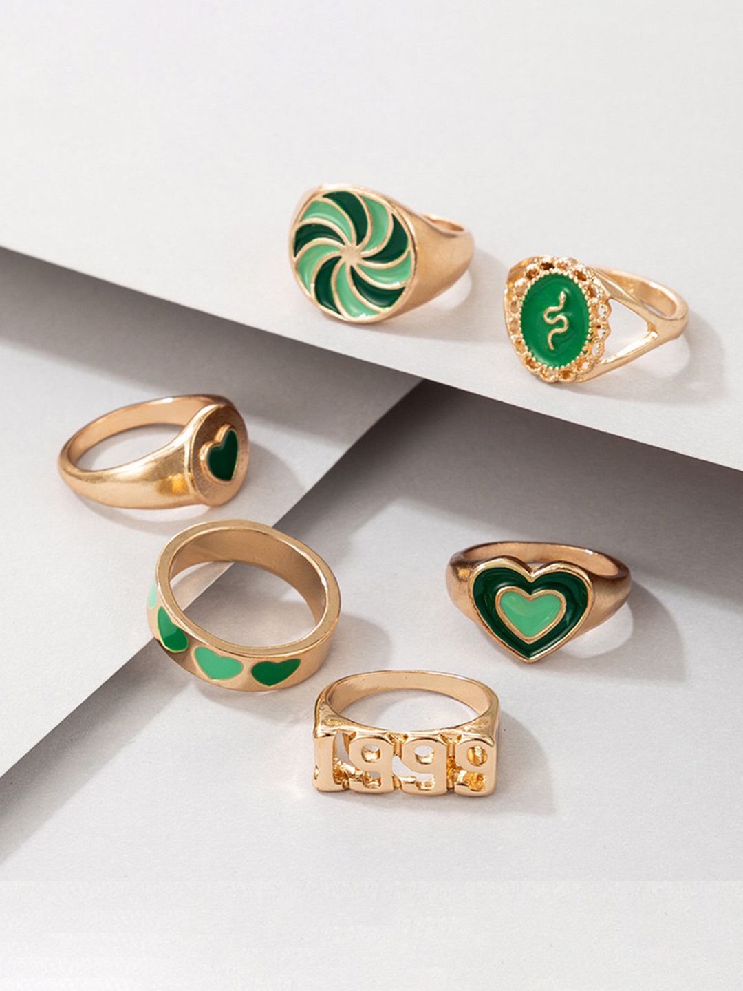 YouBella Set Of 6 Gold-Plated Green Enamelled Finger Rings Price in India