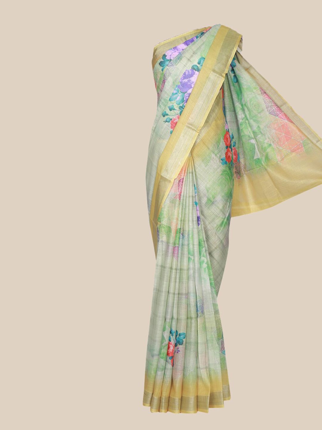 The Chennai Silks Green & Red Floral Linen Blend Fusion Saree