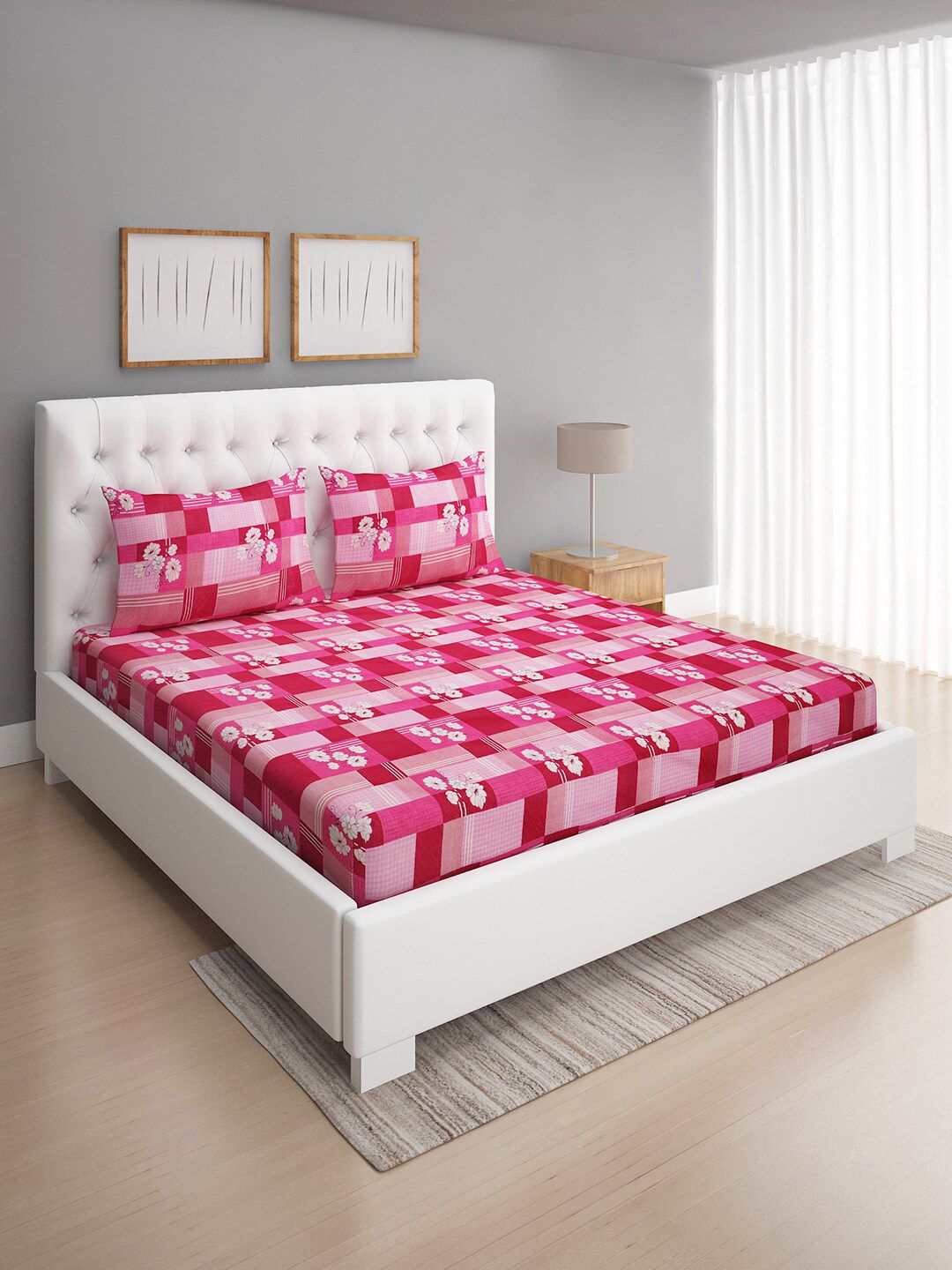 ROMEE Pink & White Floral 144 TC Cotton Queen Bedsheet with 2 Pillow Covers Price in India