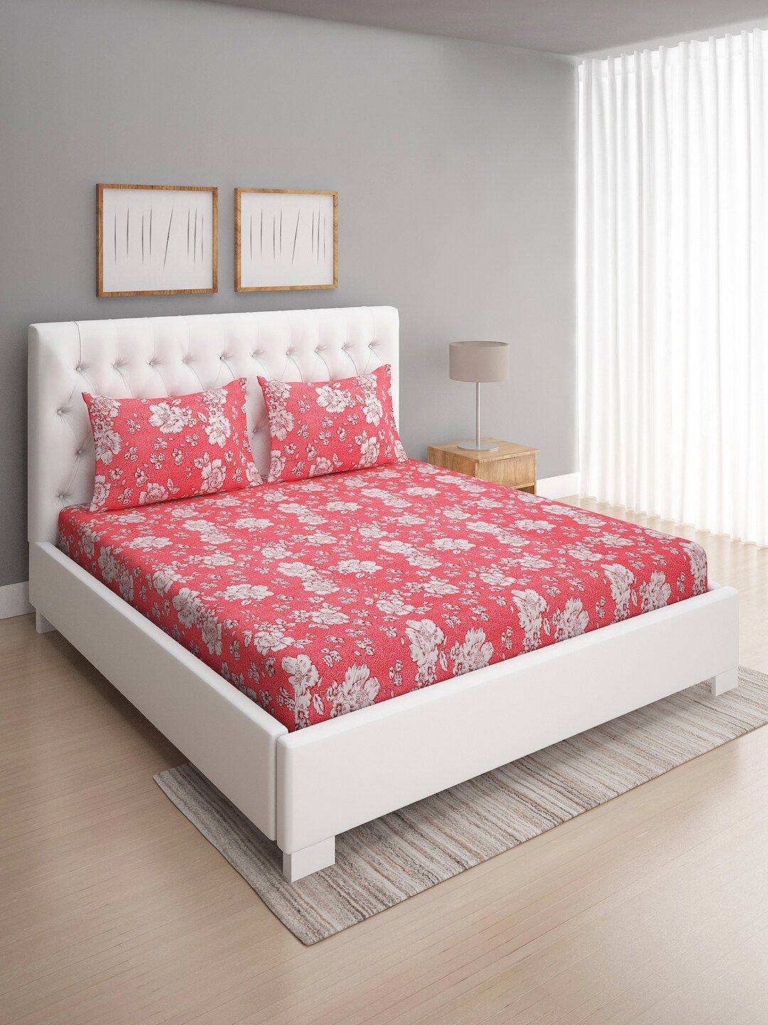 ROMEE Coral & White Floral 144 TC Cotton Queen Bedsheet with 2 Pillow Covers Price in India