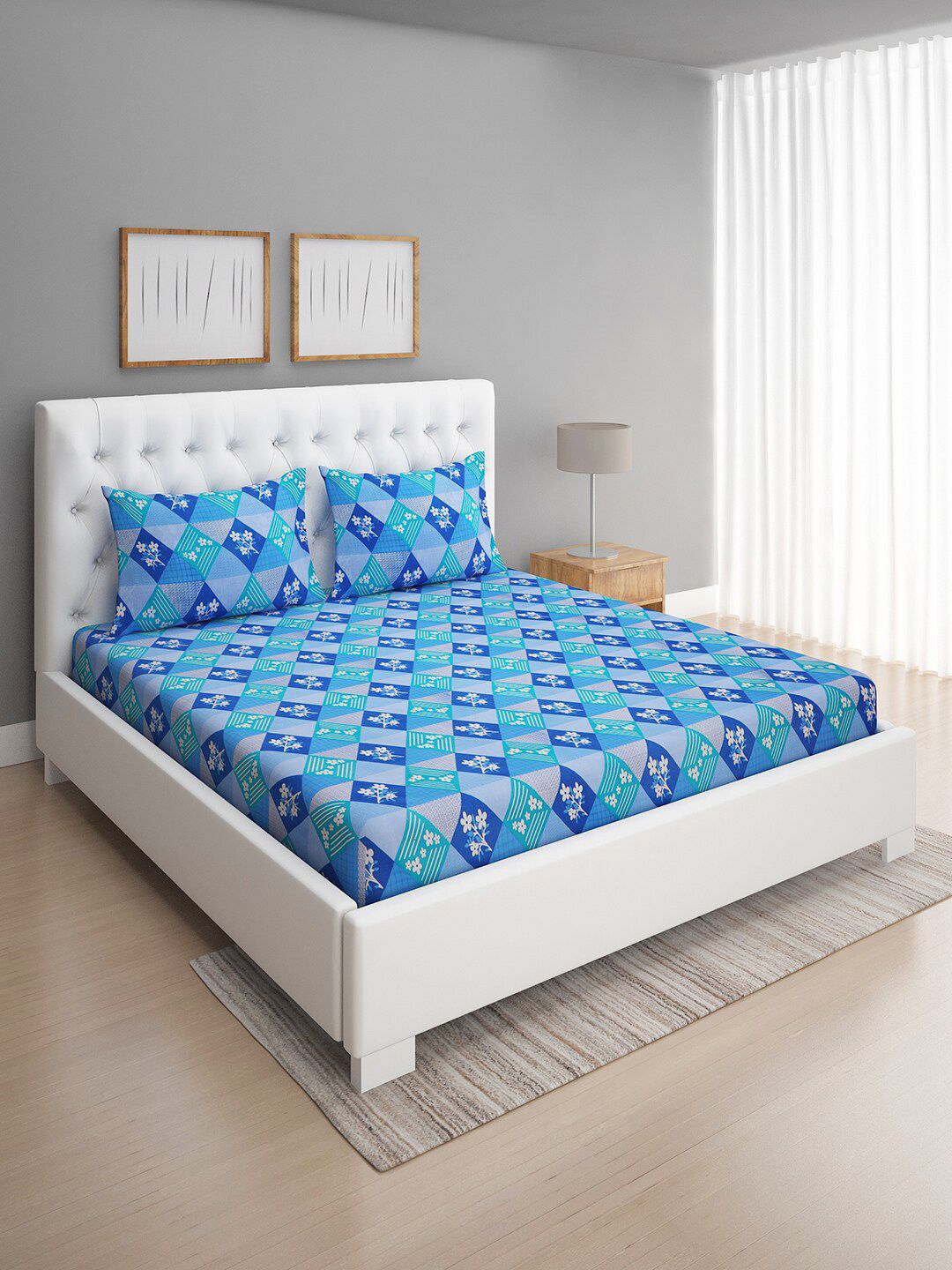 ROMEE Turquoise Blue & Green Floral 144 TC Cotton Queen Bedsheet with 2 Pillow Covers Price in India