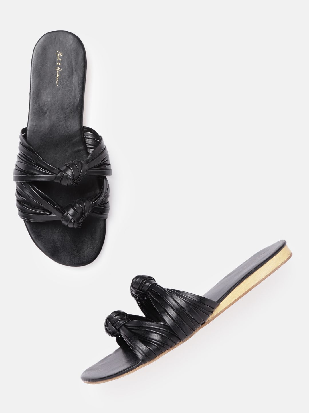 Mast & Harbour Women Black Solid Knot Design Open Toe Flats Price in India
