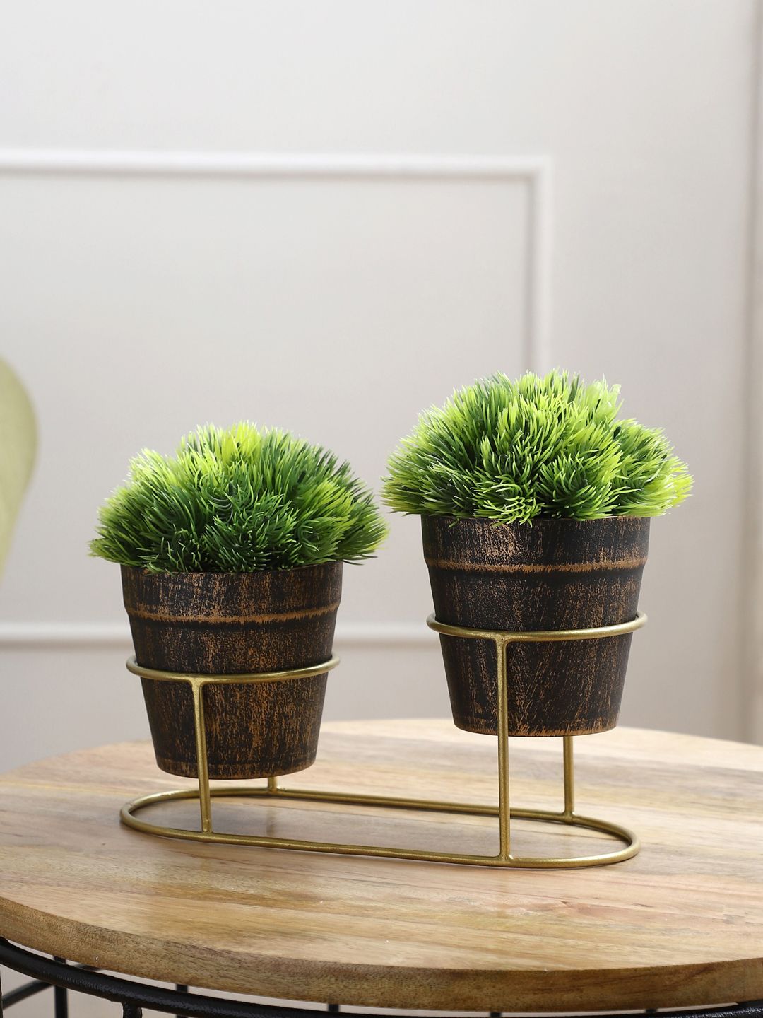 FOLIYAJ Set Of 2 Green Bushy Leaves Artificial Plant With Metal Holder Price in India