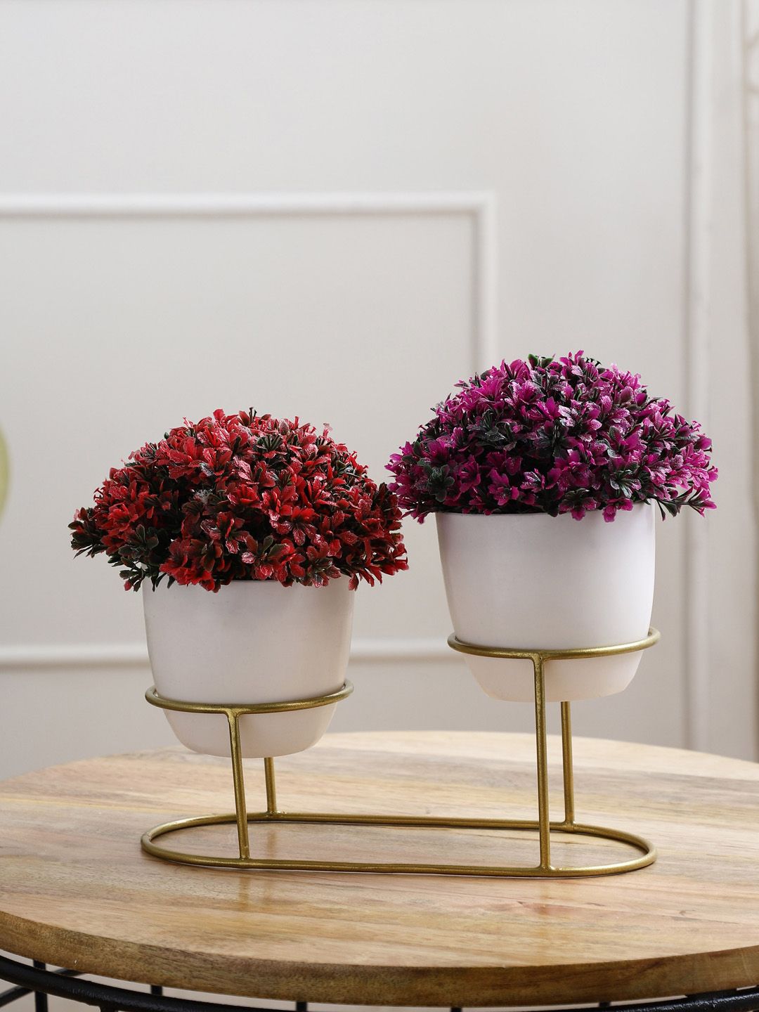 FOLIYAJ Set Of 2 Red & Magenta Artificial Plants With White Pot & Metal Holder Price in India