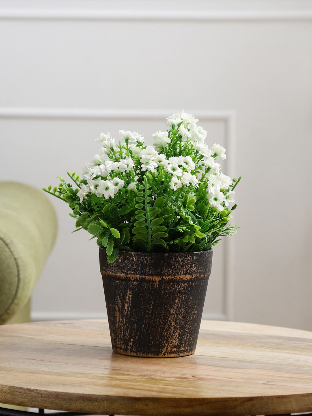 FOLIYAJ Green & Small White Flowers Artificial Plant with Pot Price in India