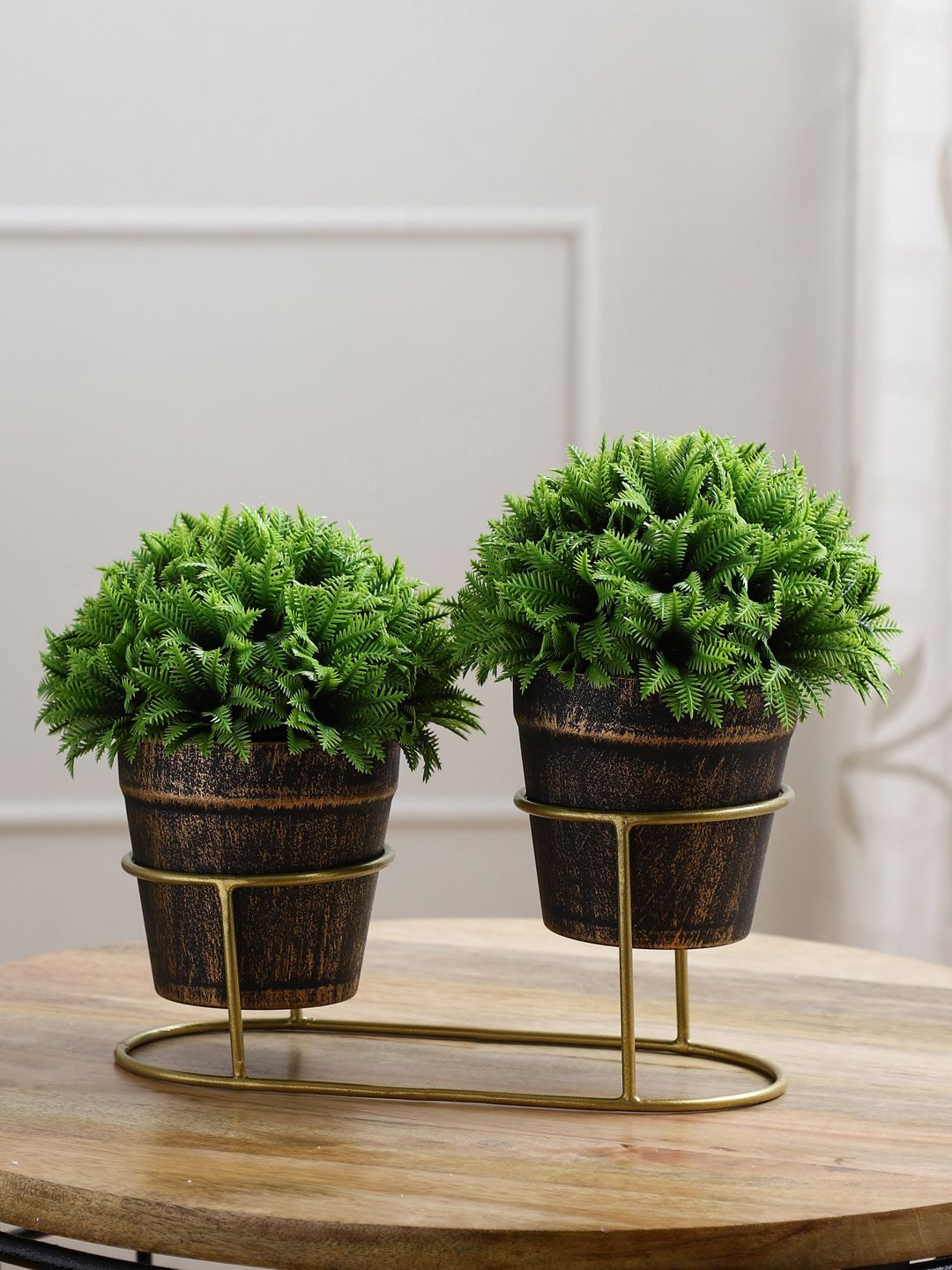FOLIYAJ Set Of 2 Green Artificial Plants With Pot & Metal Holder Price in India