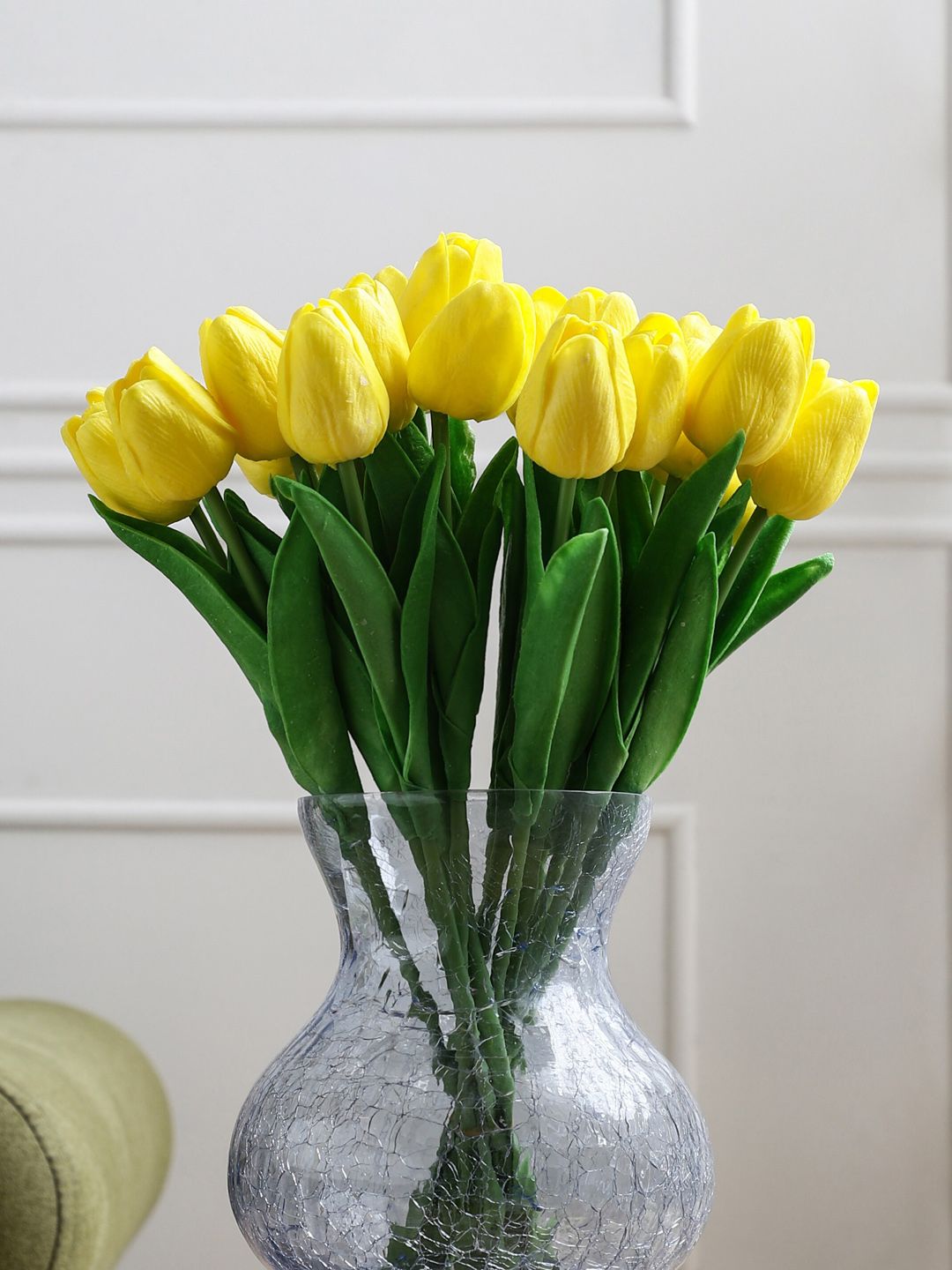 FOLIYAJ Set Of 10 Yellow & Green Artificial Tulip Flowers Bunch Price in India