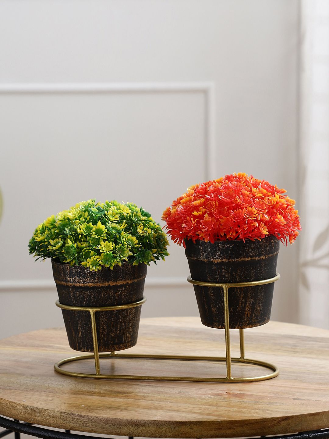 FOLIYAJ Orange & Green Set of 2 Artificial Plants with Holder Price in India