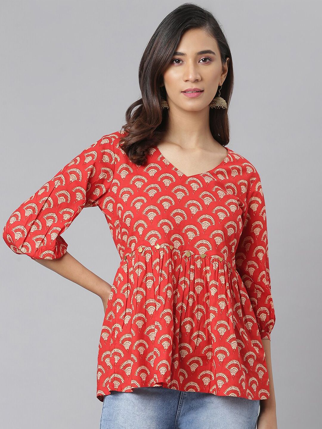 Janasya Women Red & Beige Printed Cotton Embellished Tunic Price in India